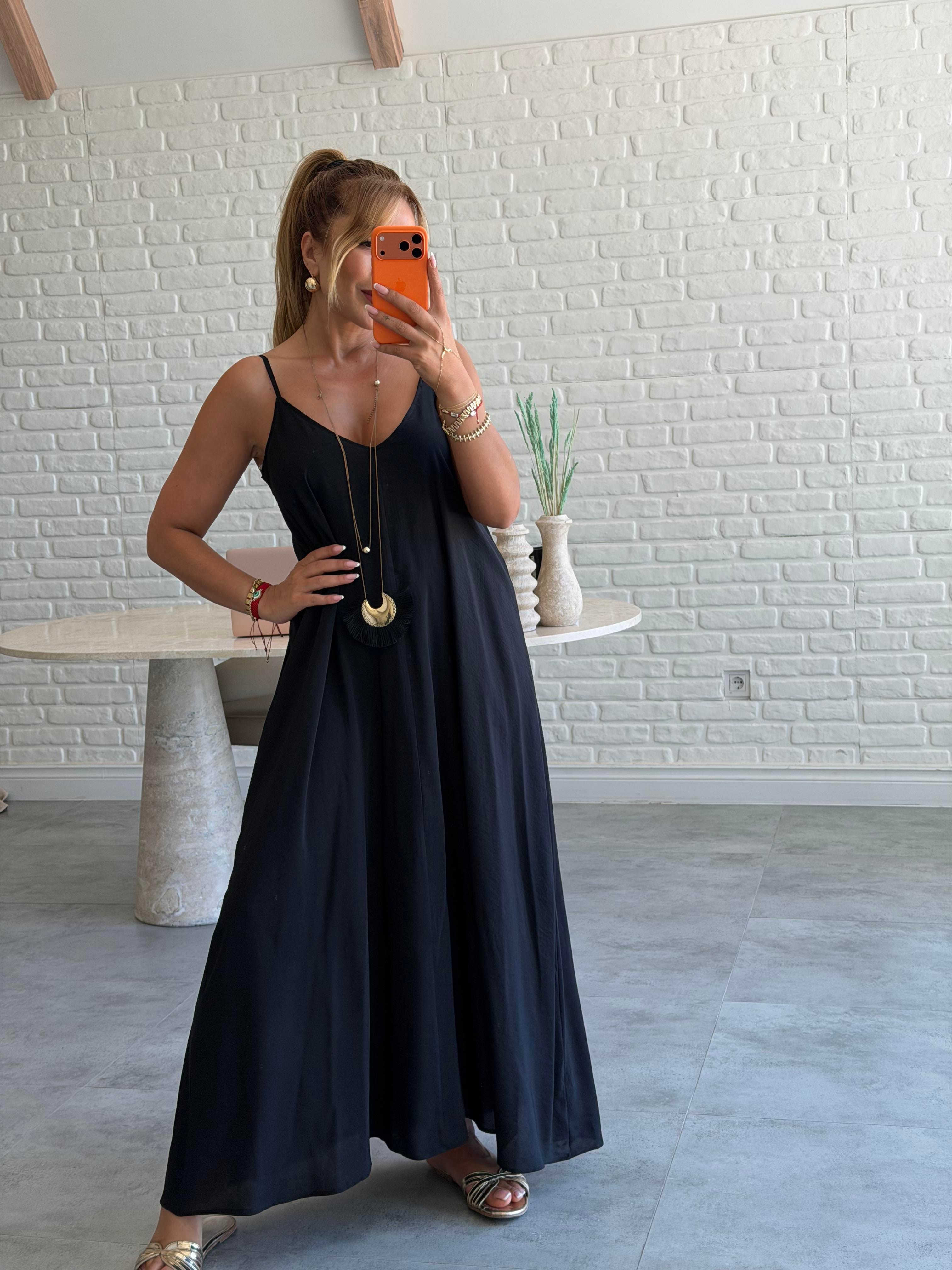 Siyah Askılı Maxi Çan Elbise