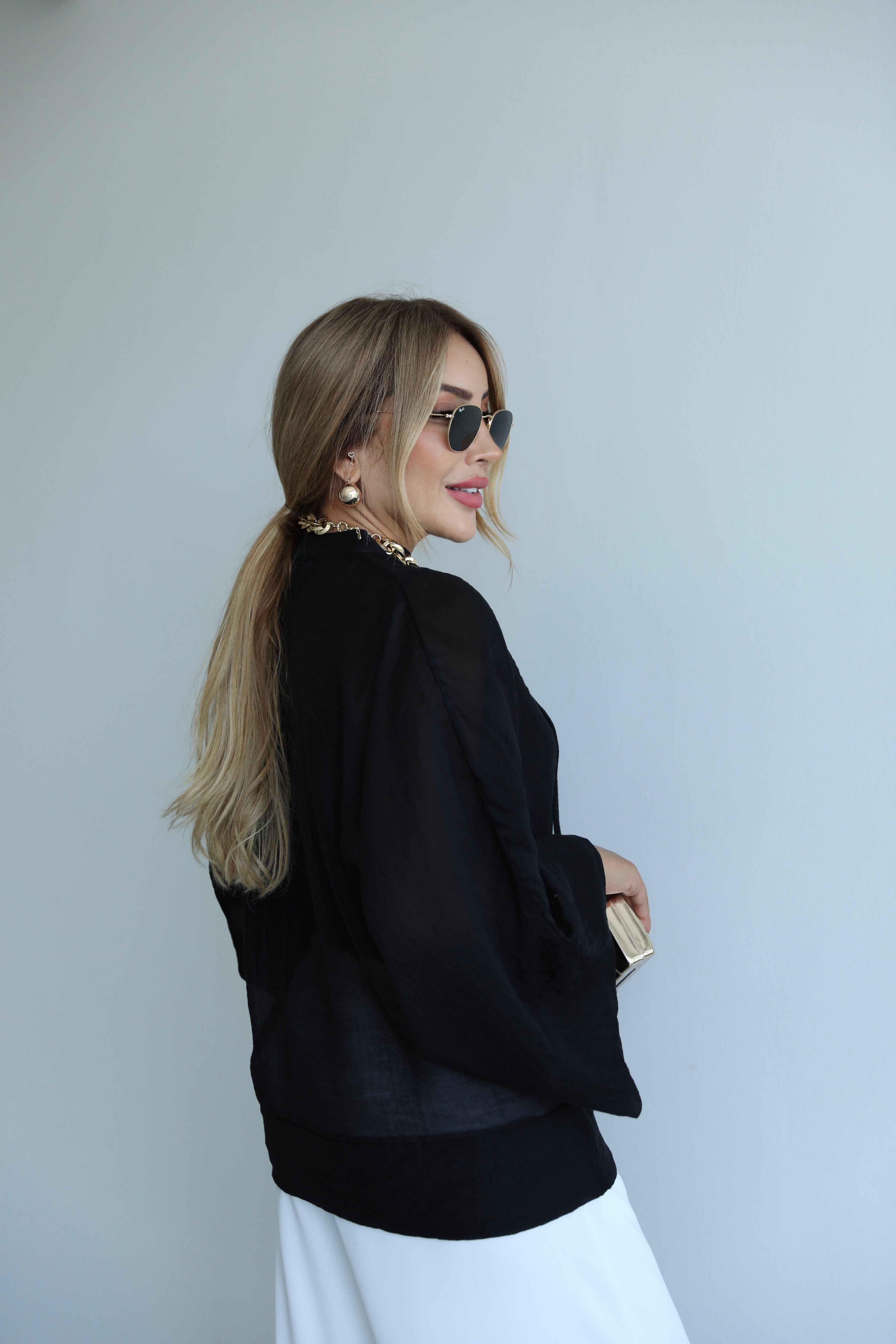 Siyah Bağlamalı Kimono Gömlek