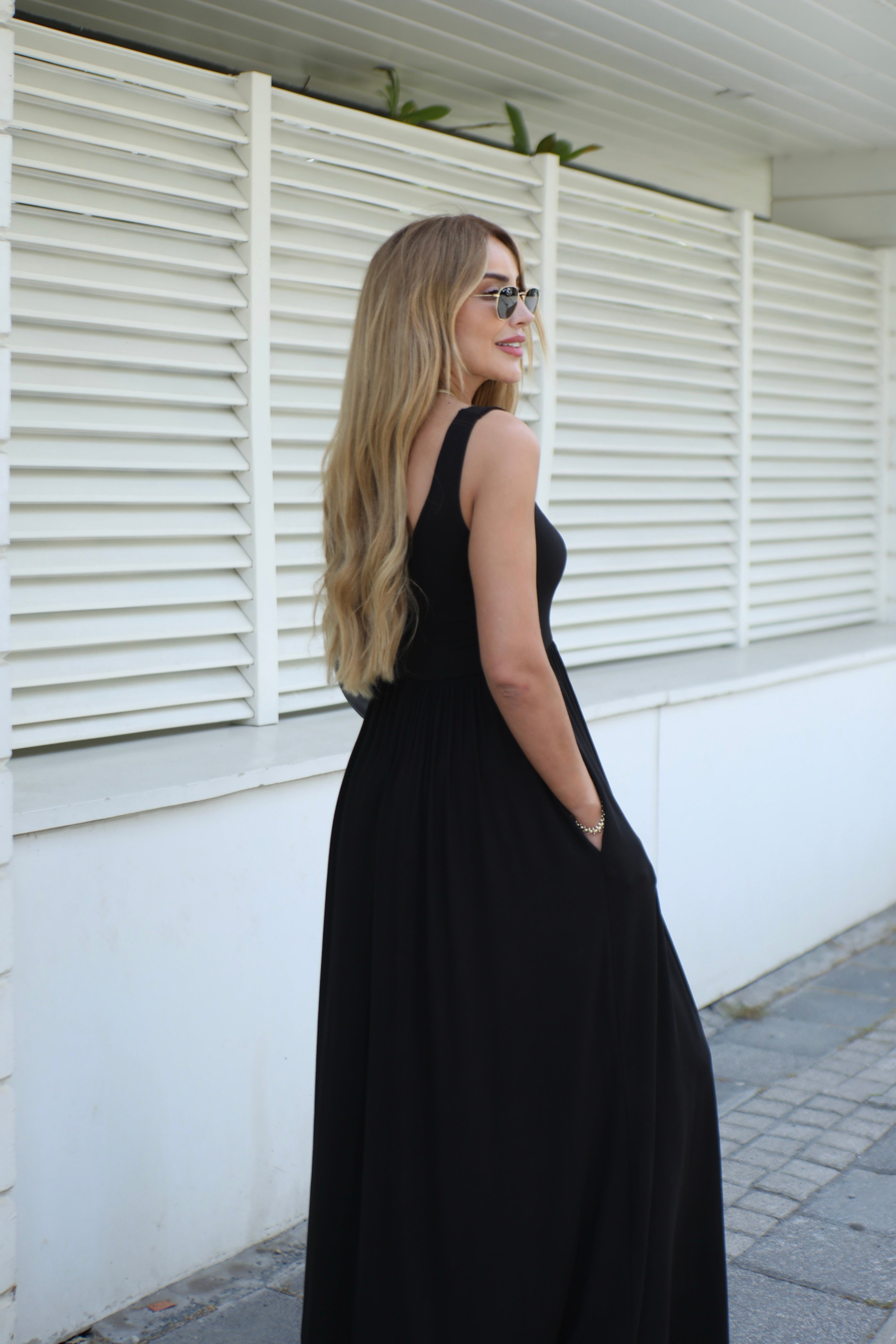 Siyah Basic Askılı Büzgülü Elbise 