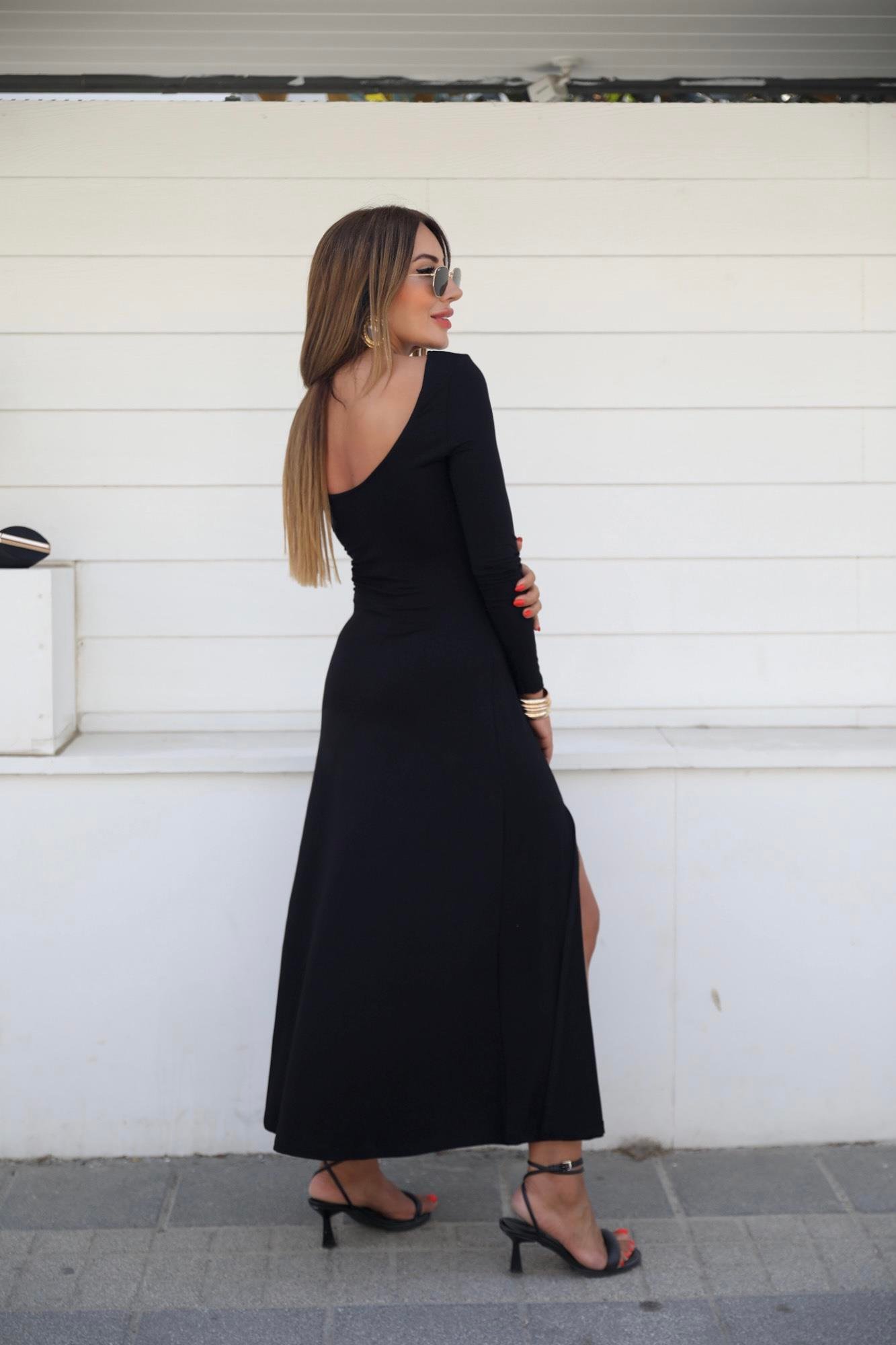 Siyah Basic Çift Yırtmaçlı Uzun Kol Elbise