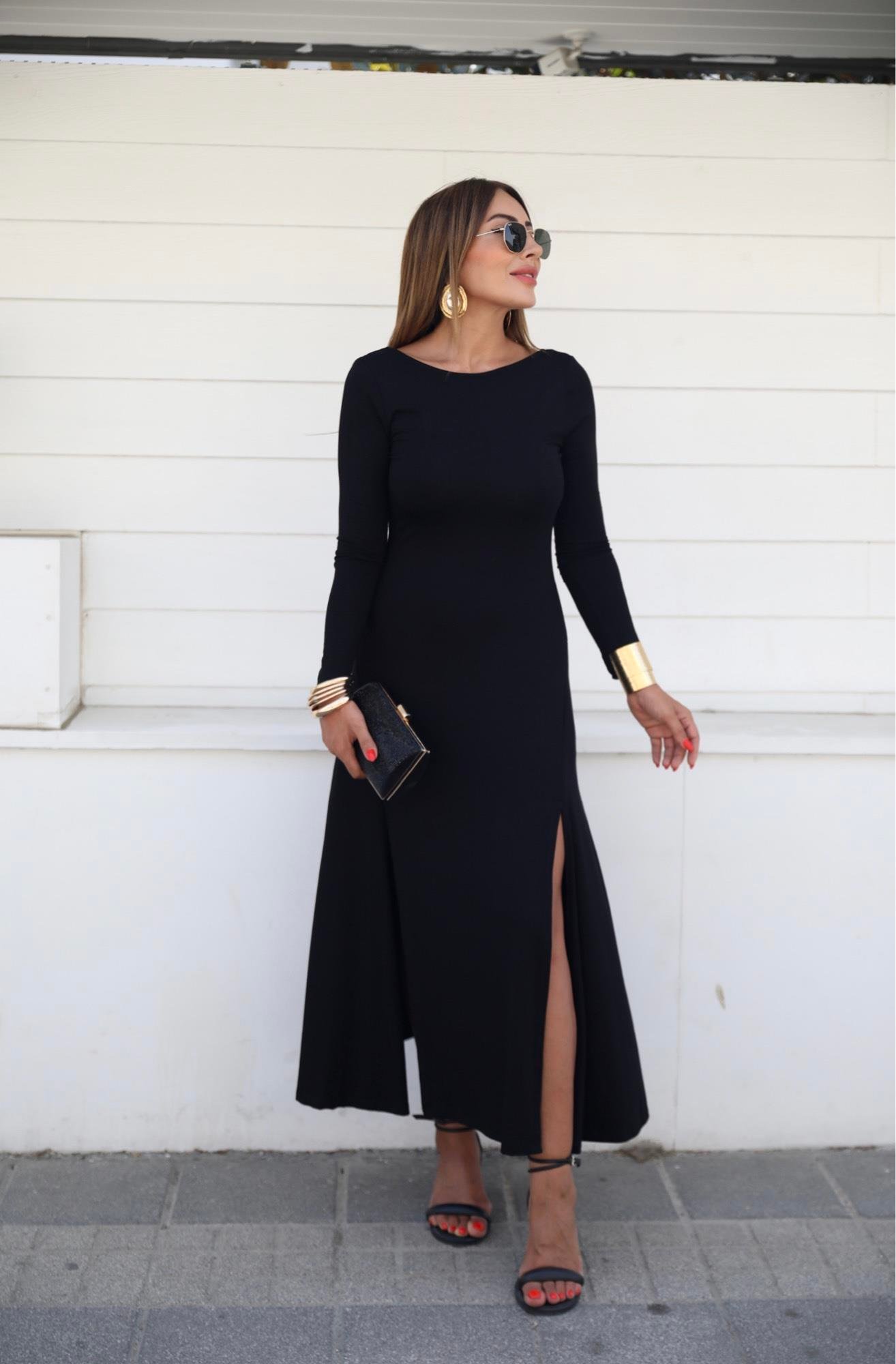 Siyah Basic Çift Yırtmaçlı Uzun Kol Elbise