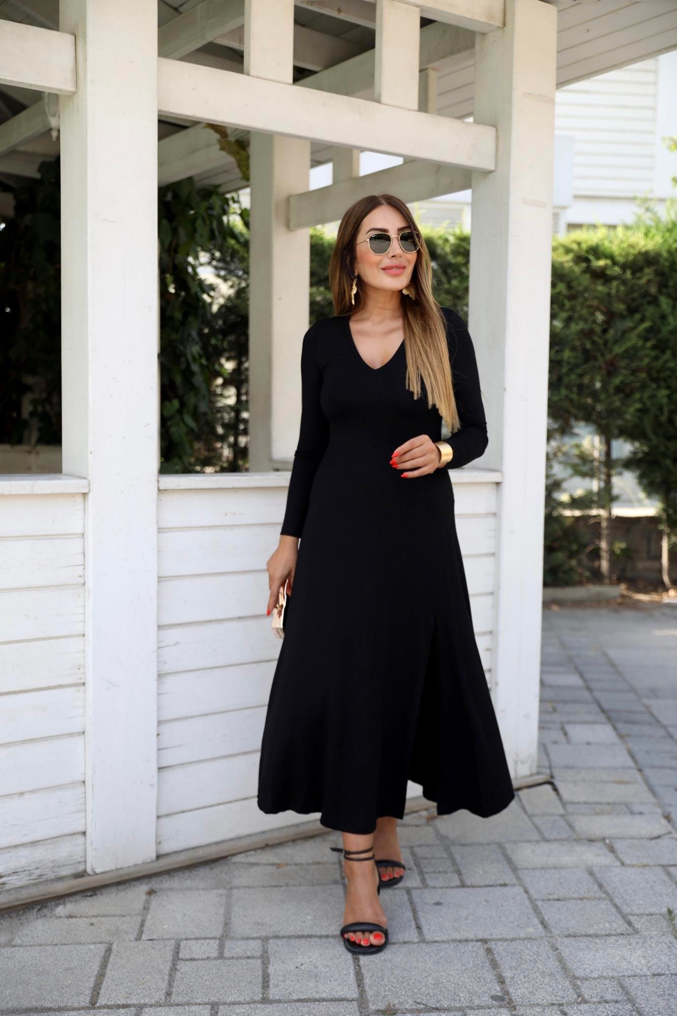 Siyah Basic Maxi V Yaka Uzun Kol Elbise