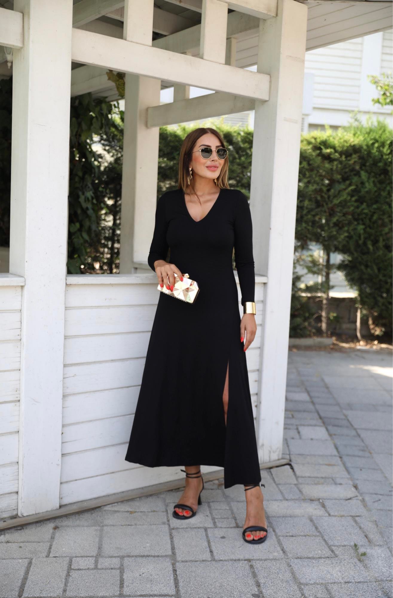 Siyah Basic Maxi V Yaka Uzun Kol Elbise