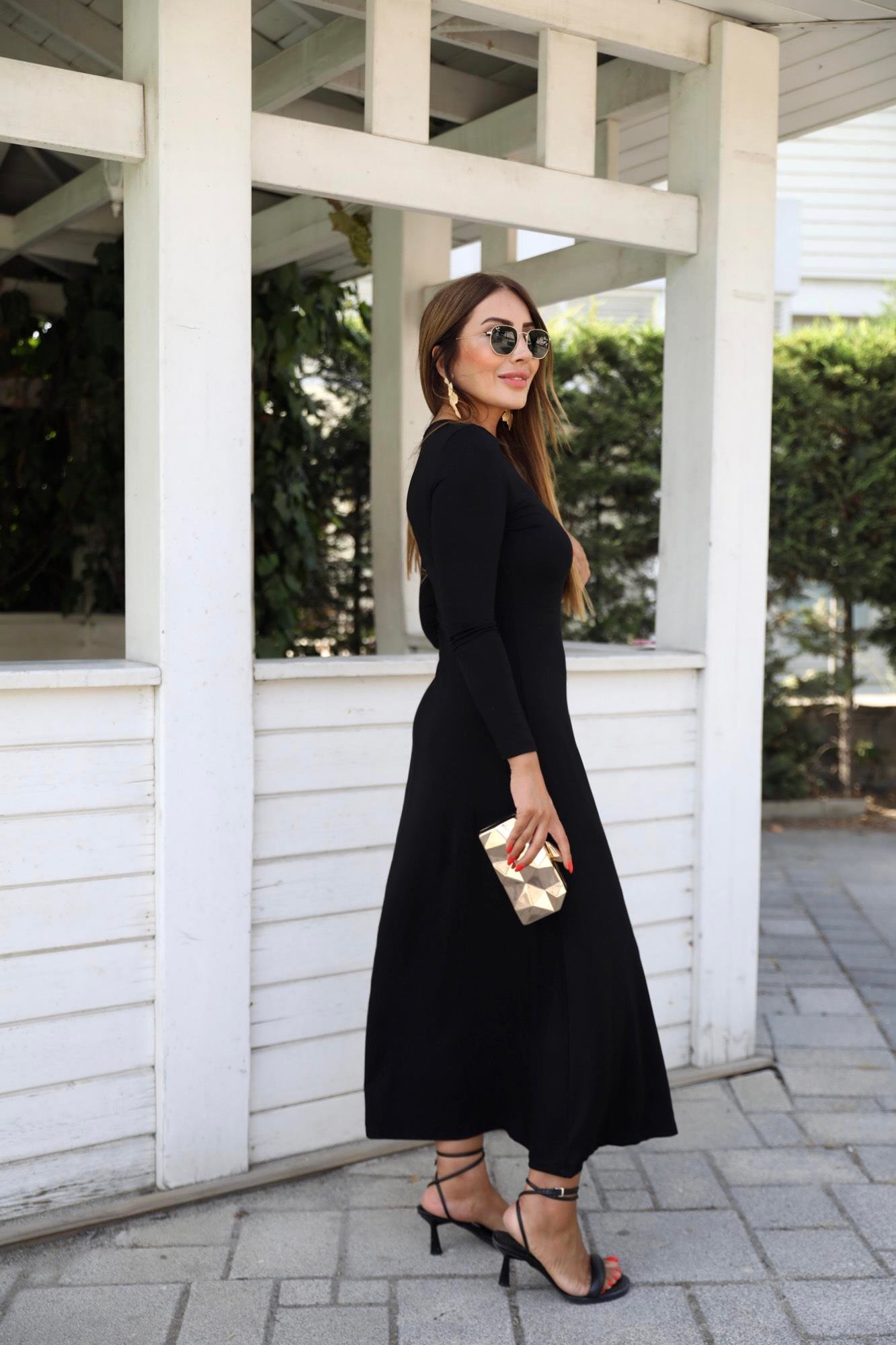 Siyah Basic Maxi V Yaka Uzun Kol Elbise