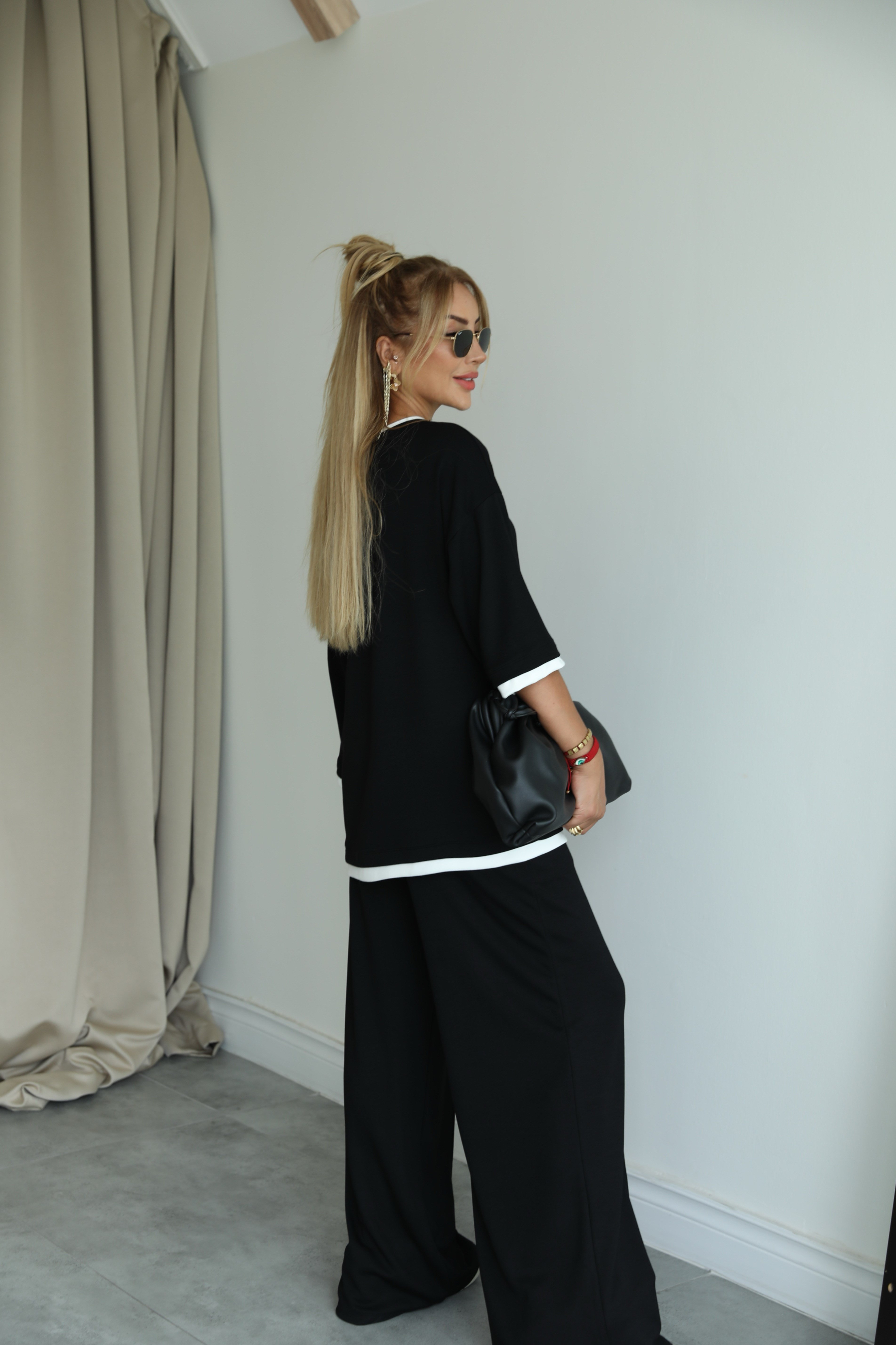 Siyah Beyaz Biyeli Oversize Takım 