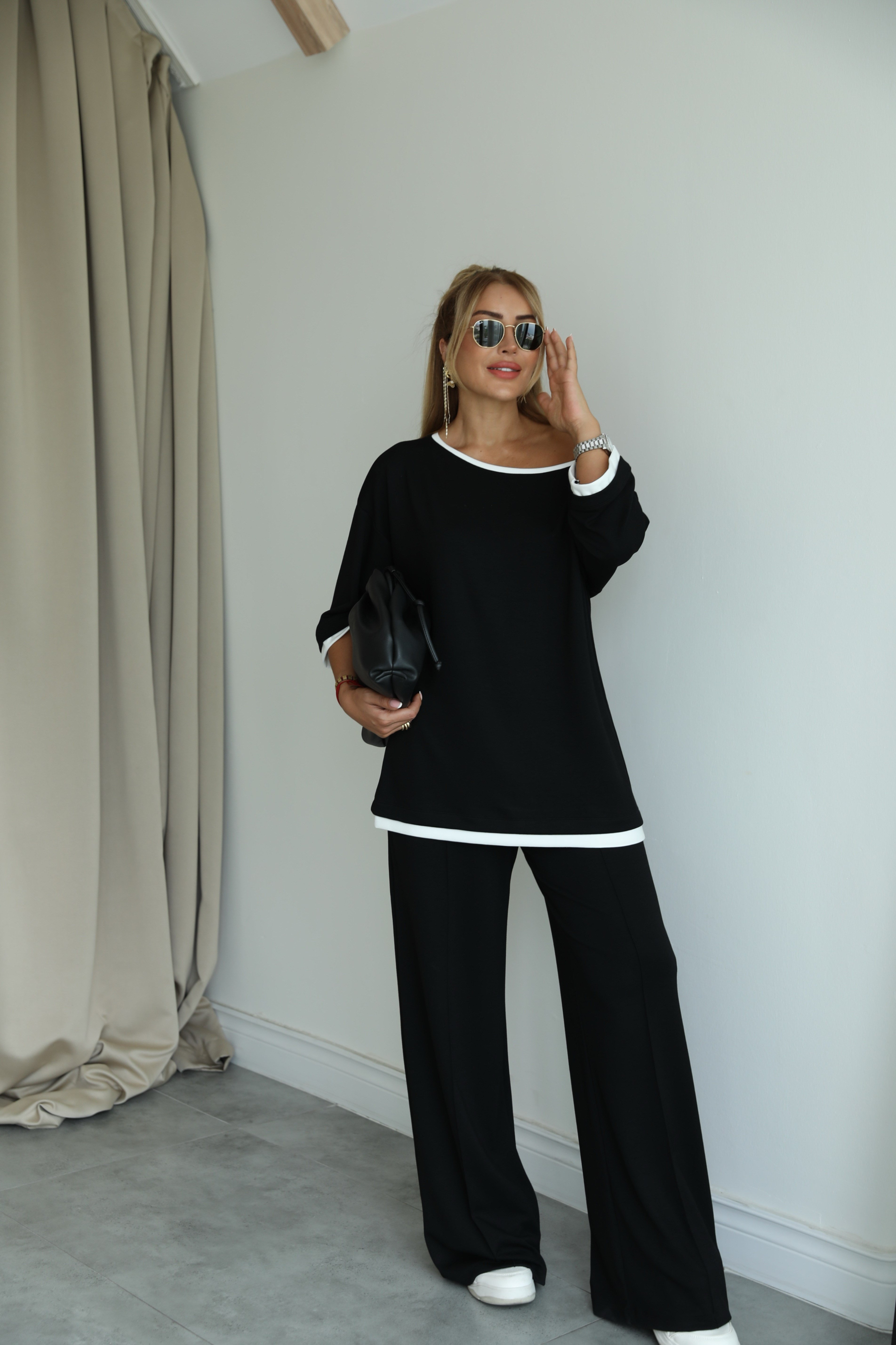 Siyah Beyaz Biyeli Oversize Takım 