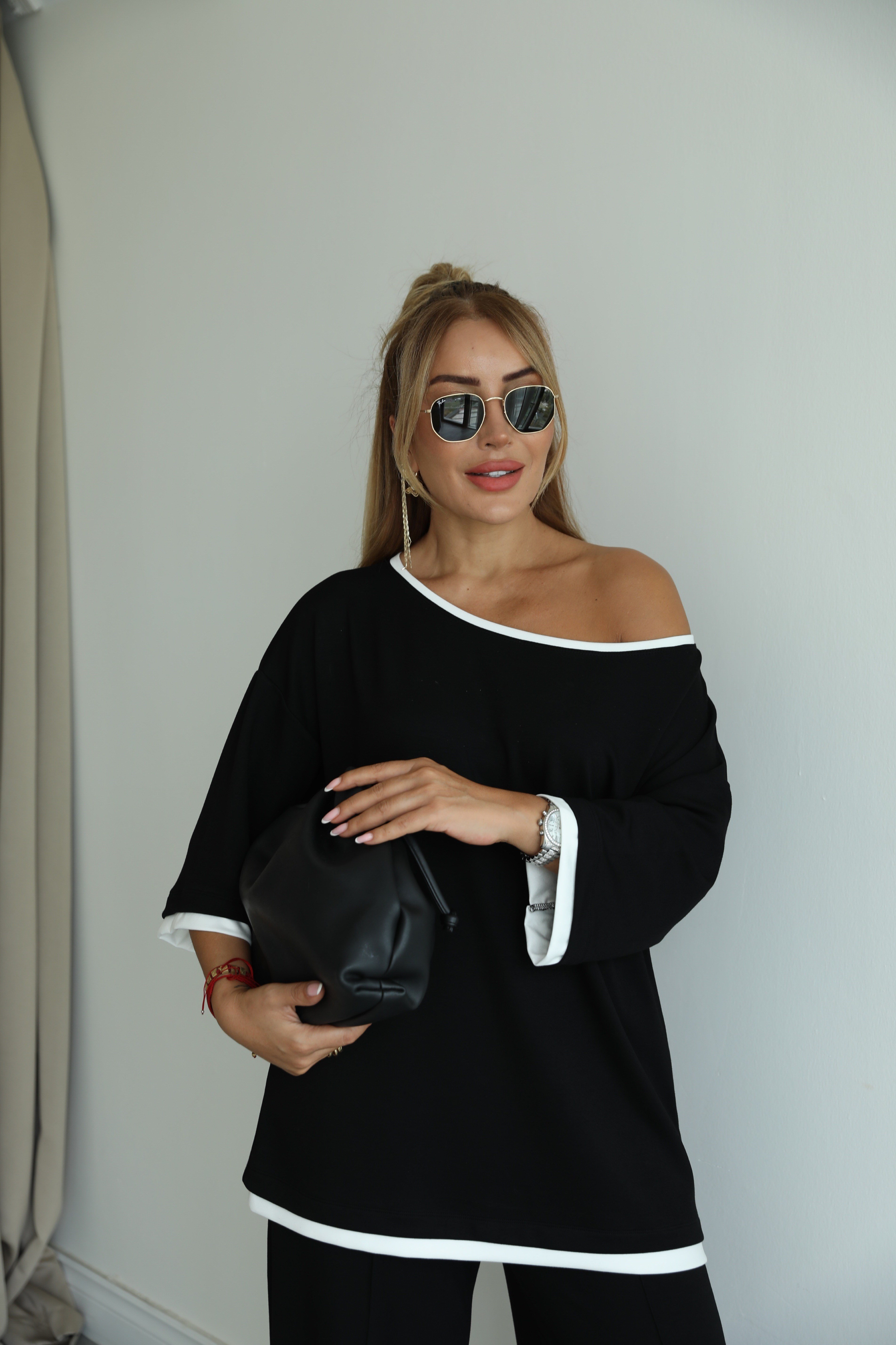 Siyah Beyaz Biyeli Oversize Takım 