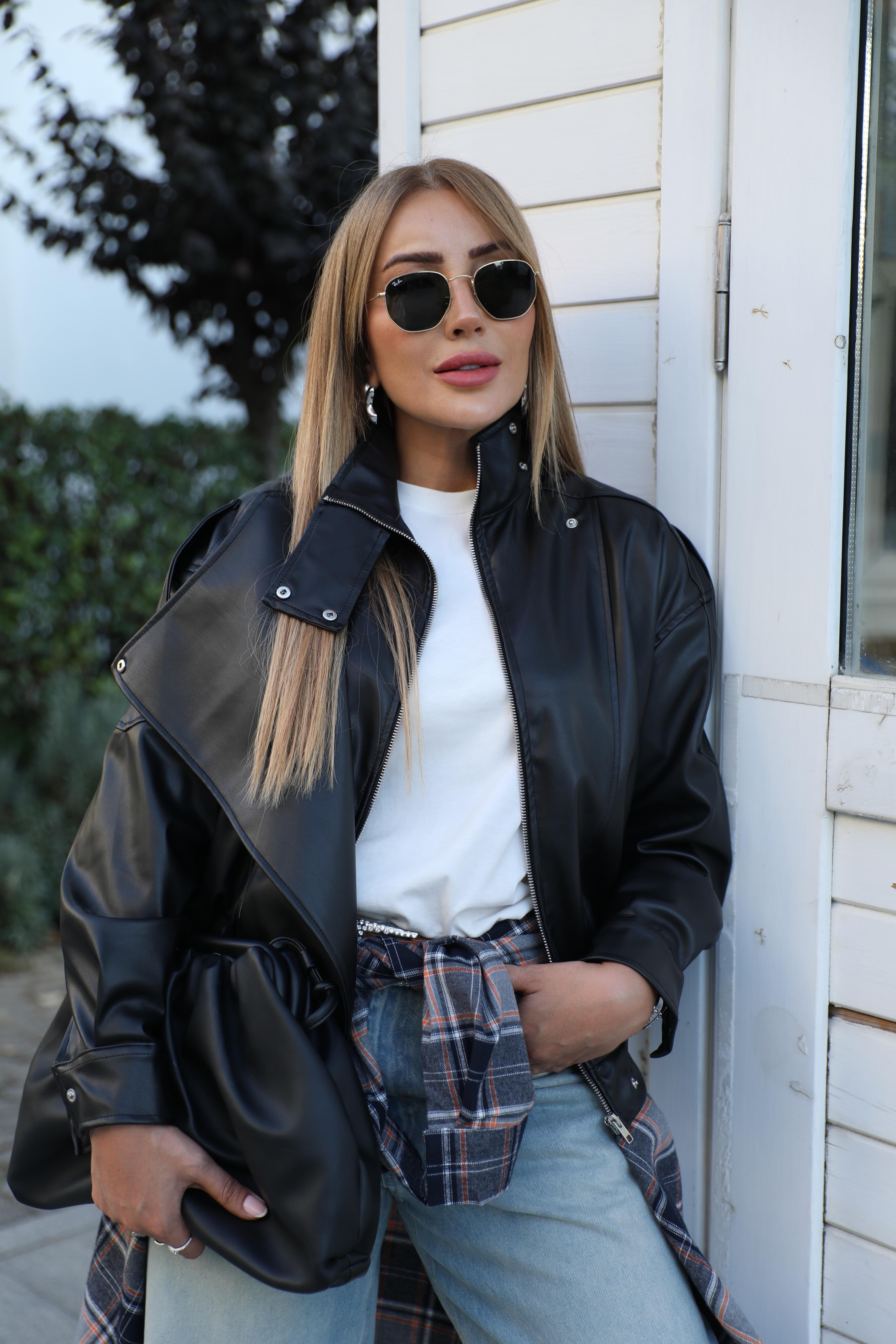 Siyah Bomber Tasarım Deri Ceket