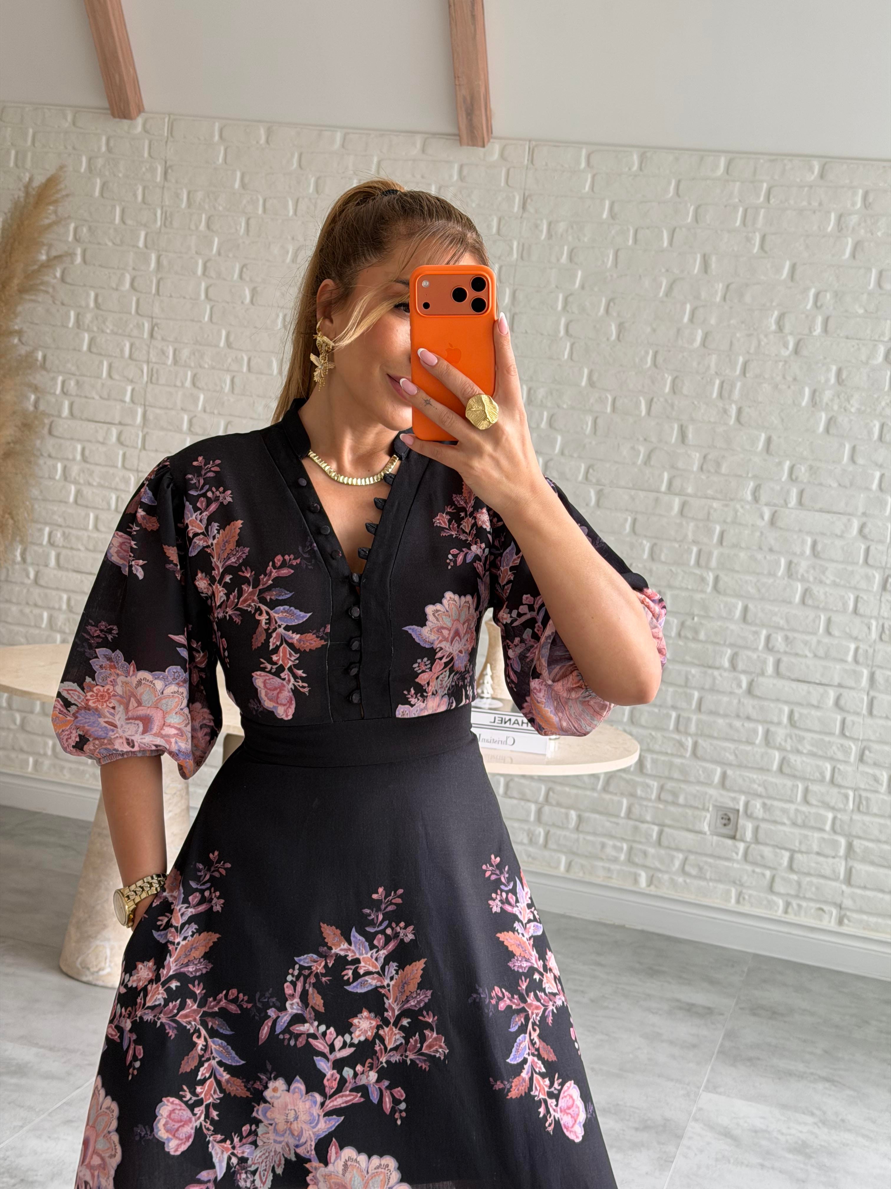 Siyah Brit Düğmeli Maxi Elbise