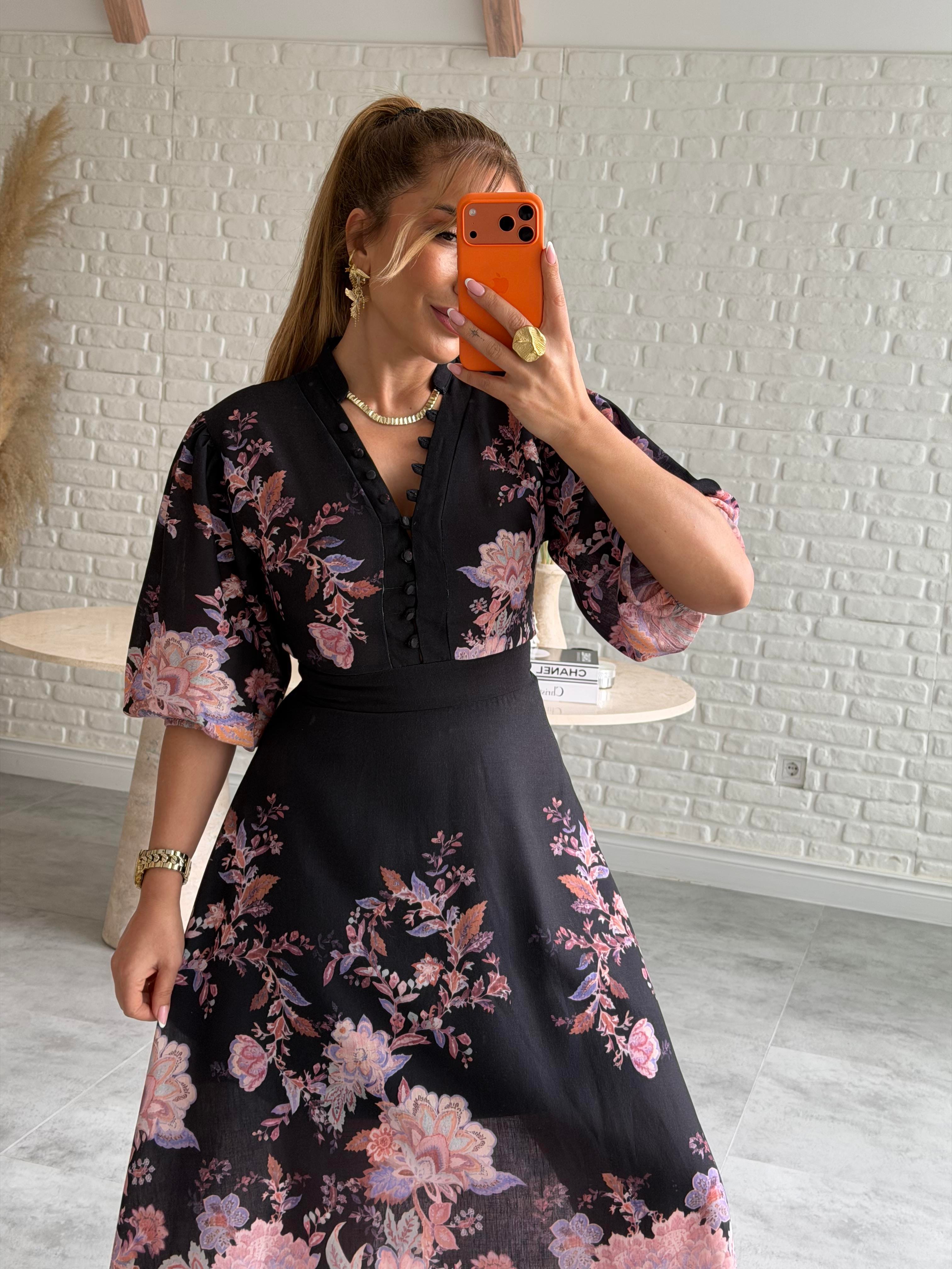 Siyah Brit Düğmeli Maxi Elbise