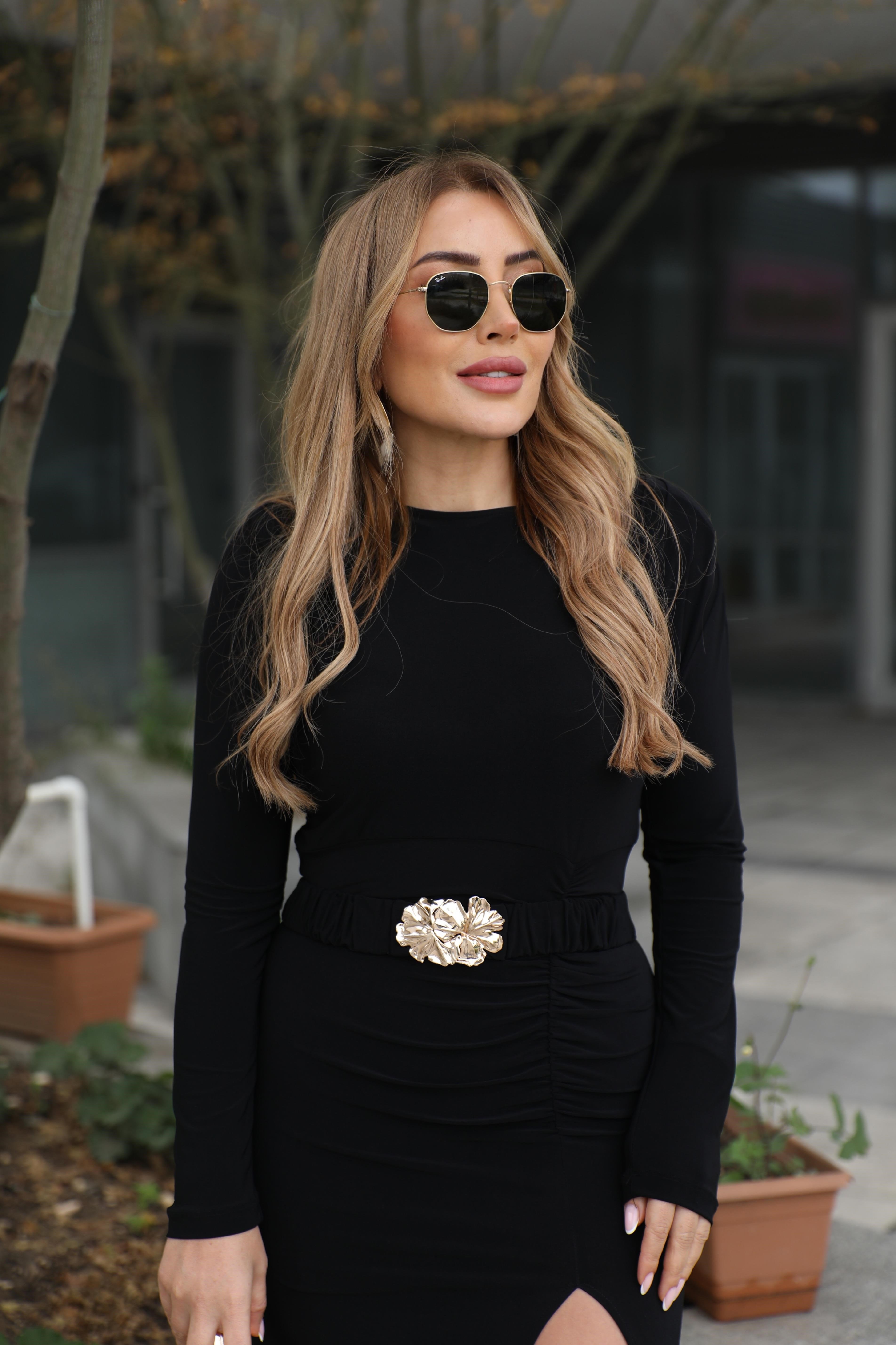 Siyah Büzgü Kemerli Sandy Elbise