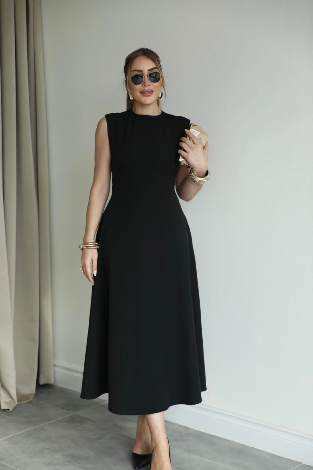 Siyah Çan Kalın Askılı Elbise 