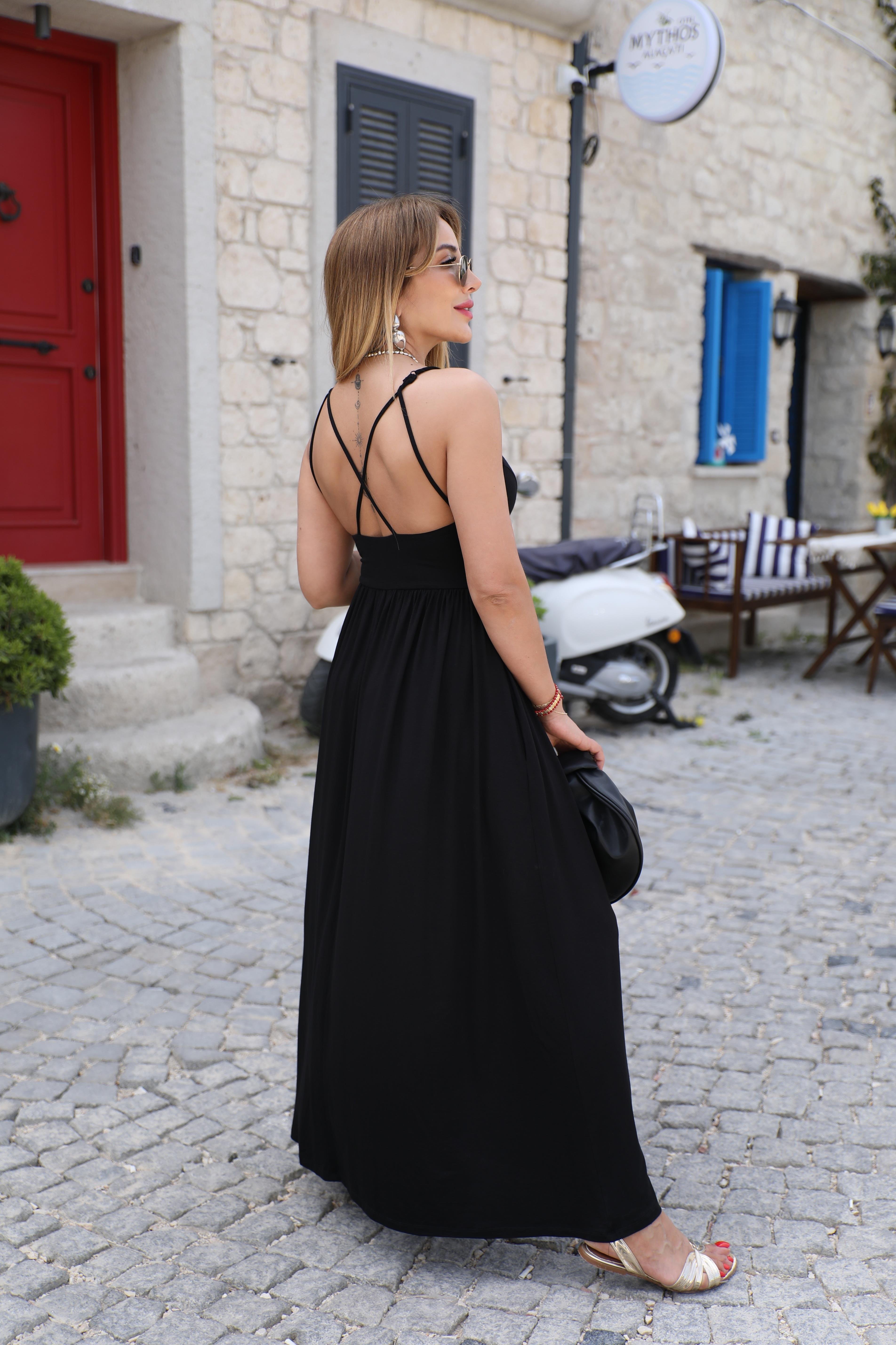 Siyah Çapraz Askılı Elbise 