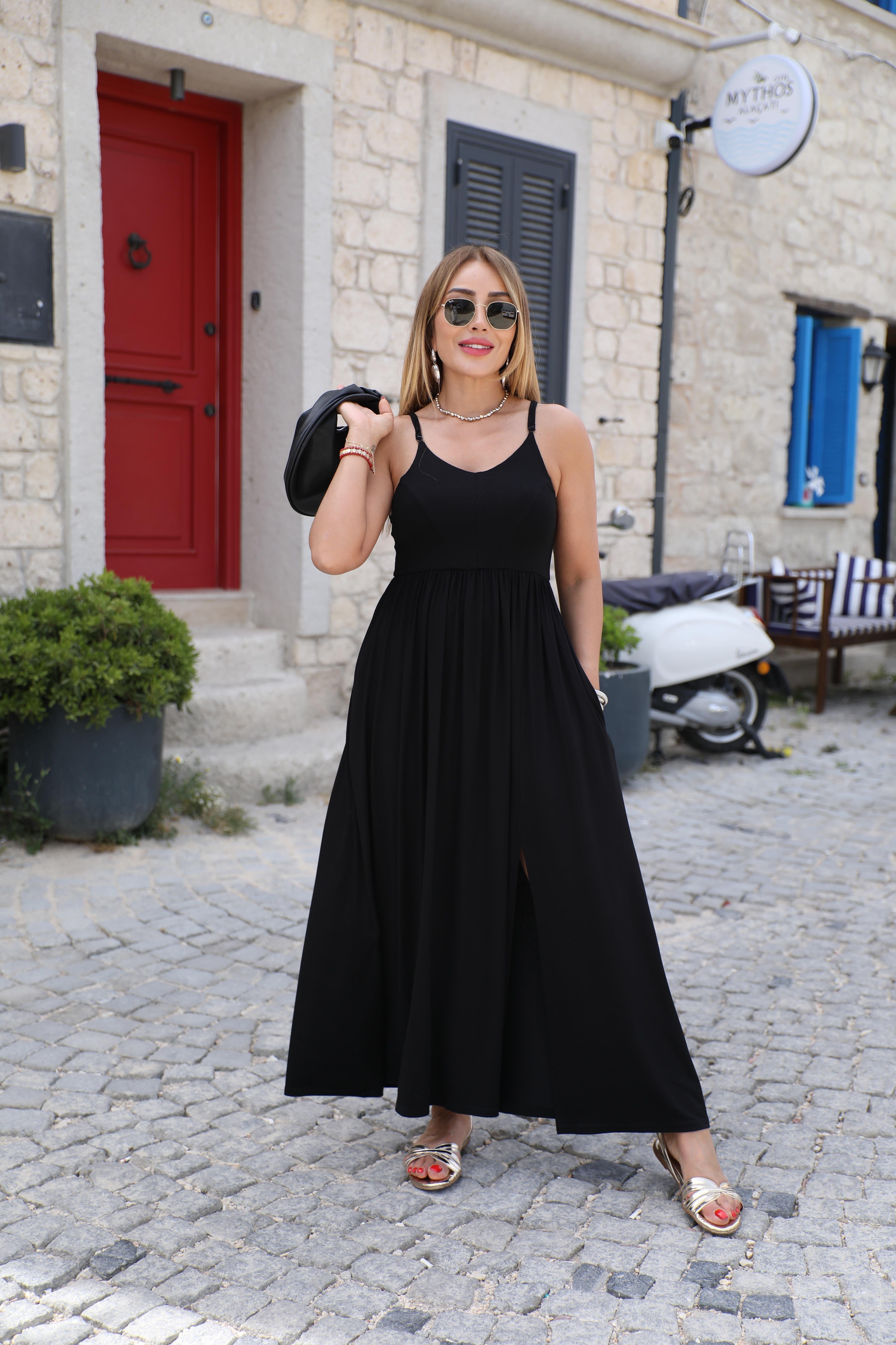 Siyah Çapraz Askılı Elbise 