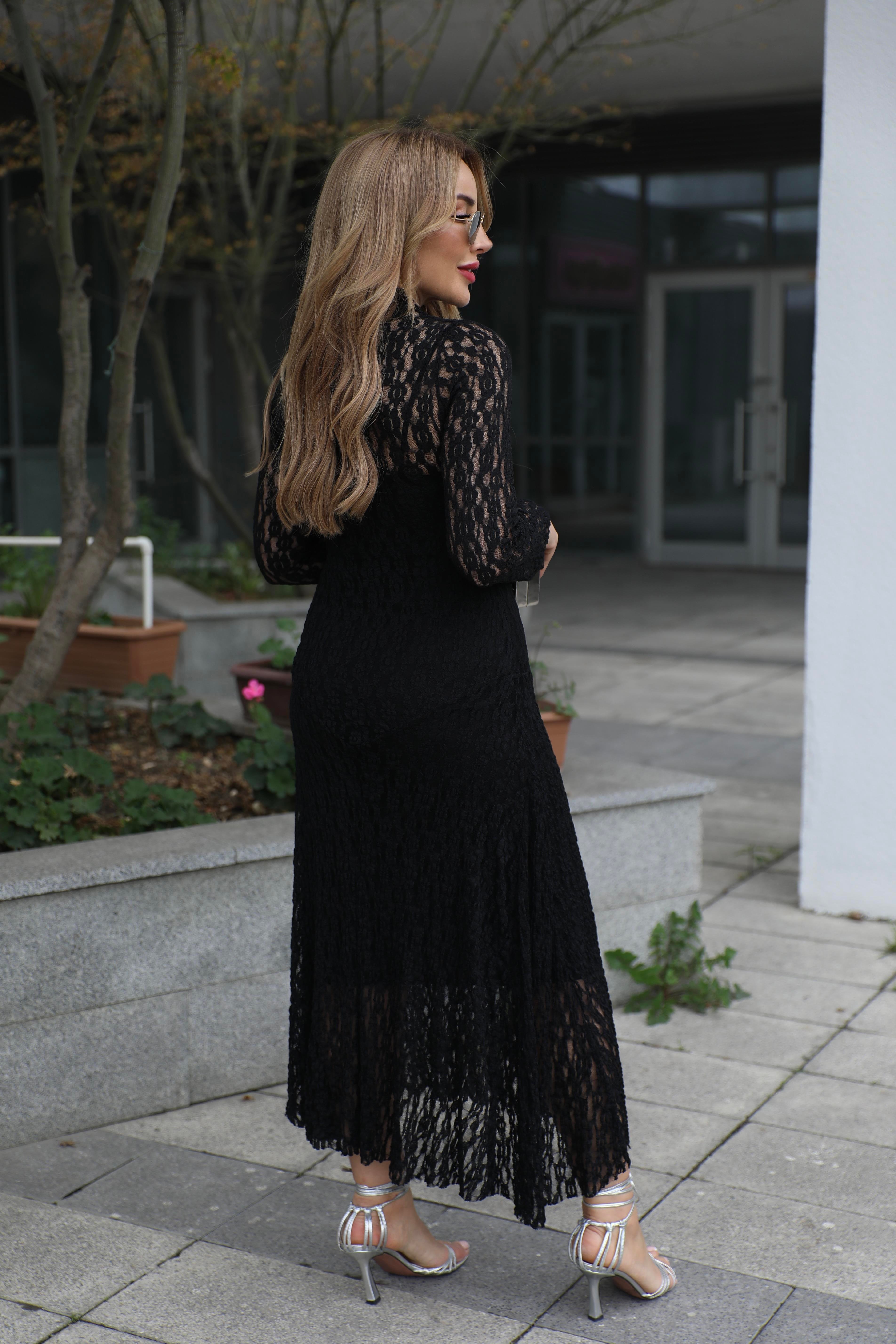 Siyah Dantel Maxi Elbise