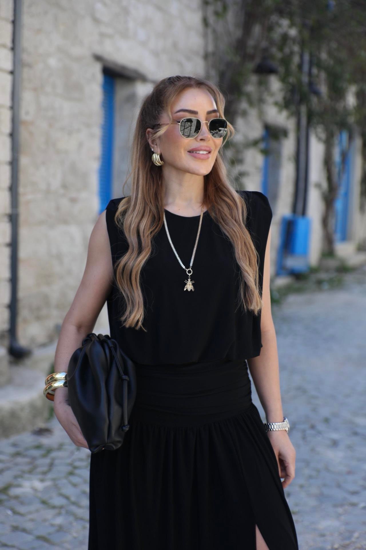 Siyah Drapeli Etek Bluz Takım 