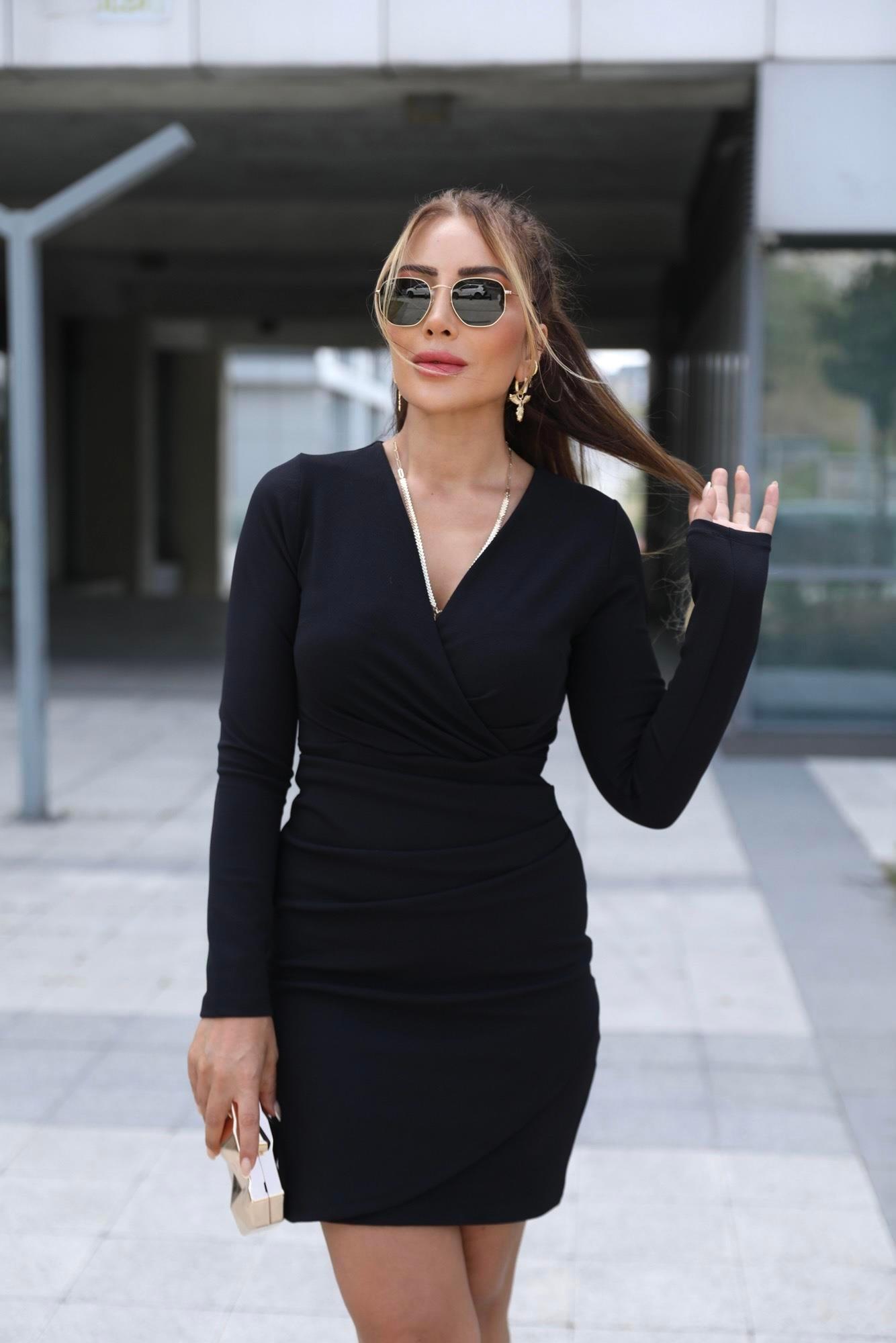 Siyah Drapeli Kruvaze Elbise