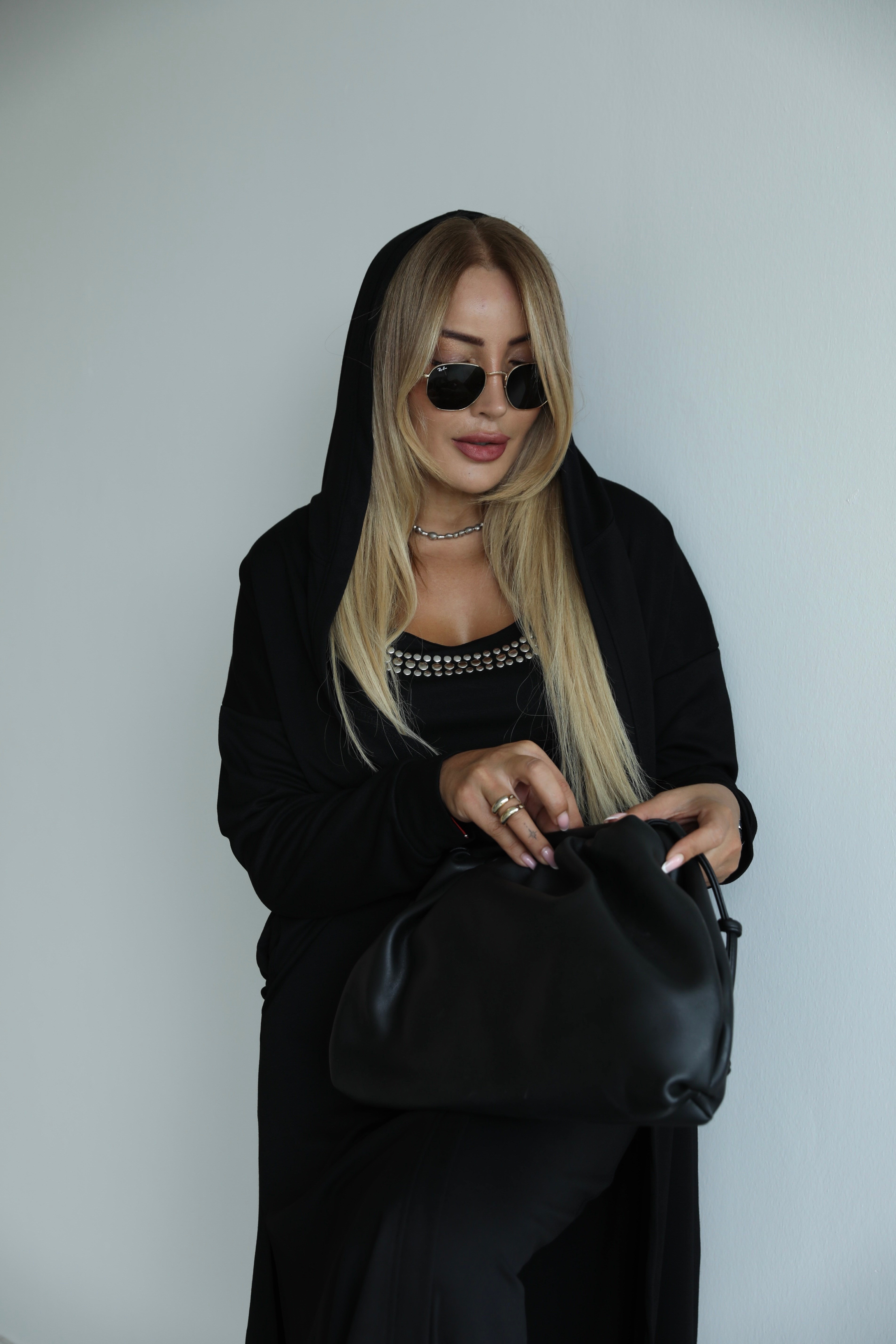 Siyah Drop Taşlı Hırkalı Elbise