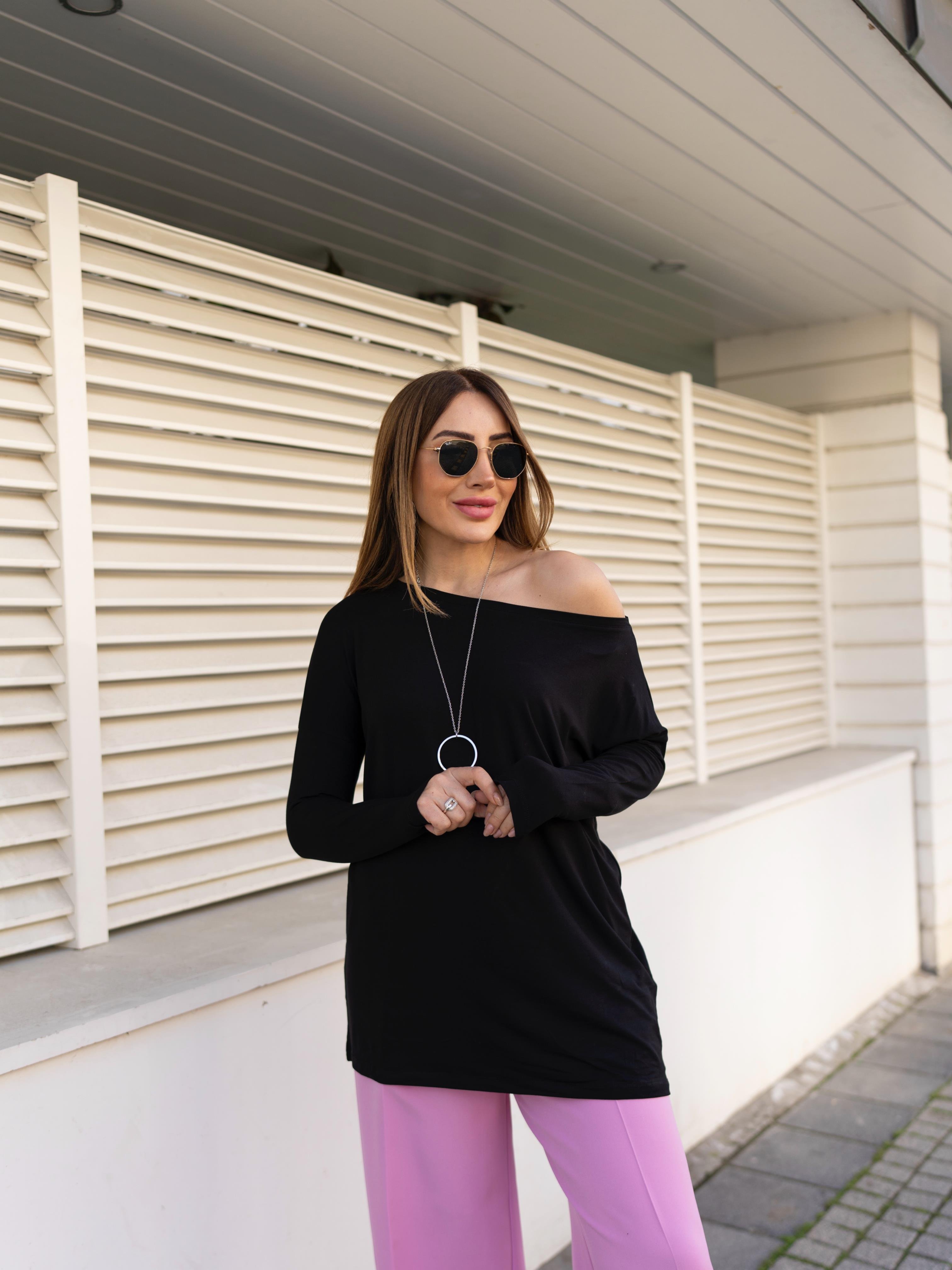 Siyah Düşük Omuz Basic T-shirt 