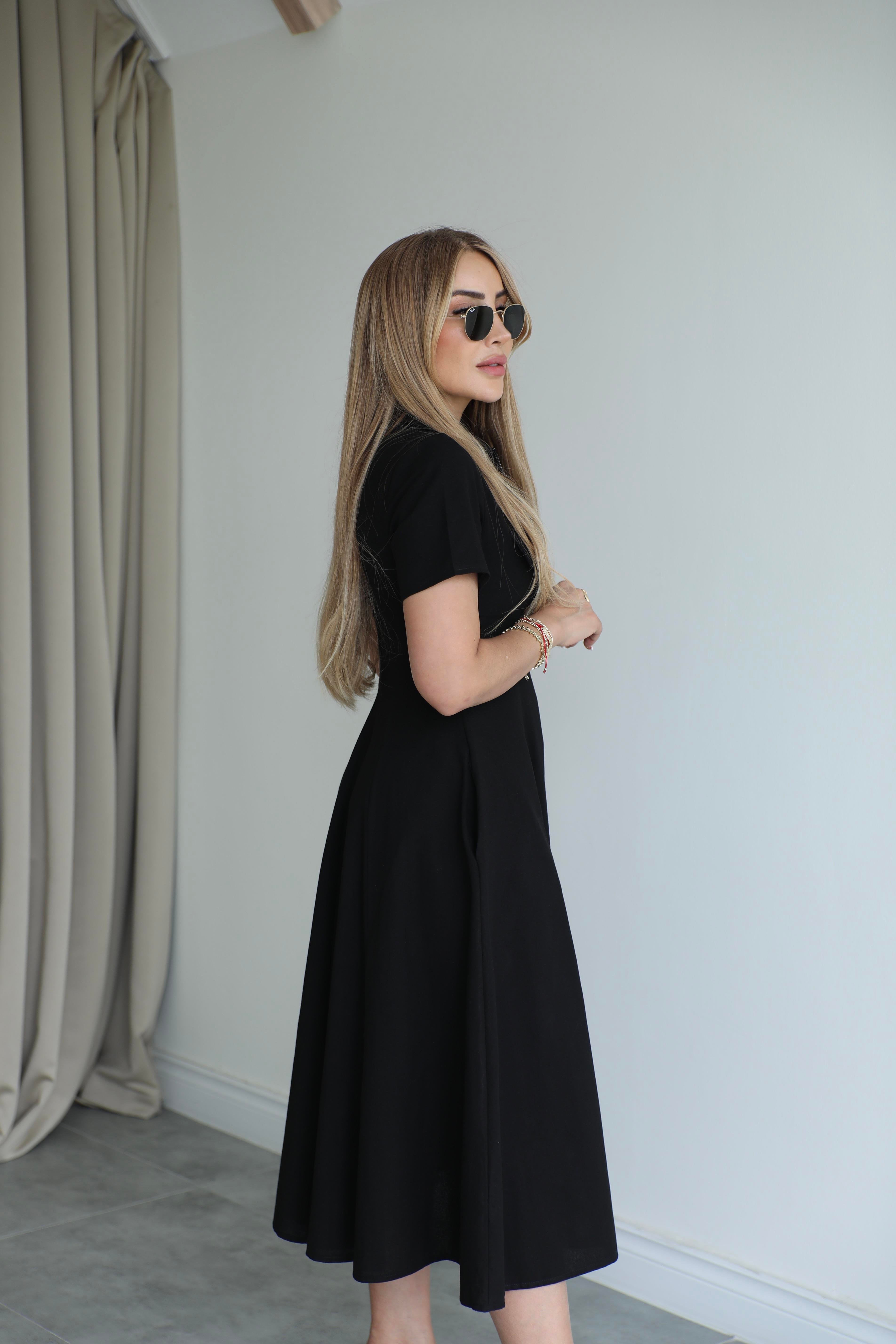 Siyah Fermuarlı Midi Poplin Elbise