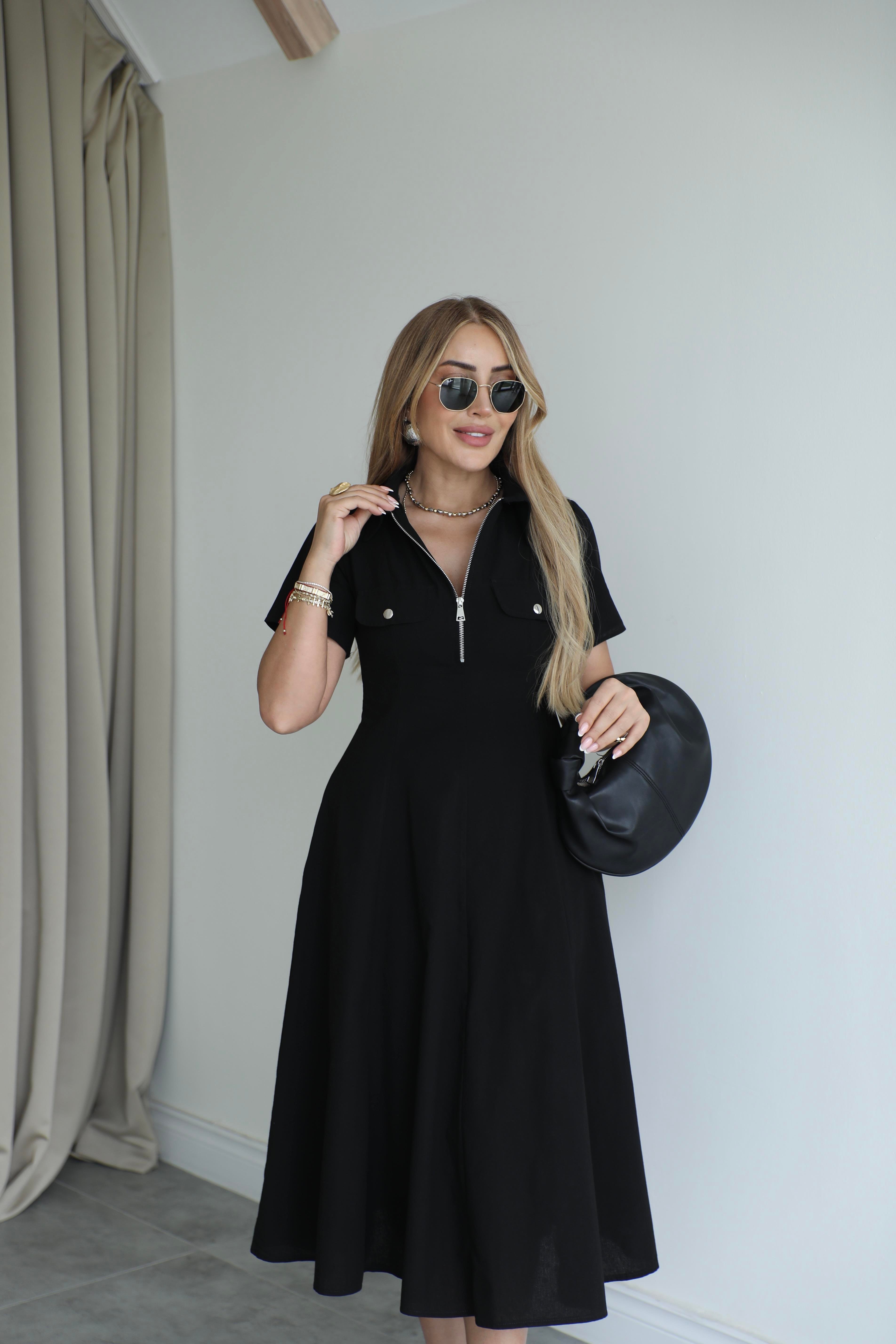 Siyah Fermuarlı Midi Poplin Elbise