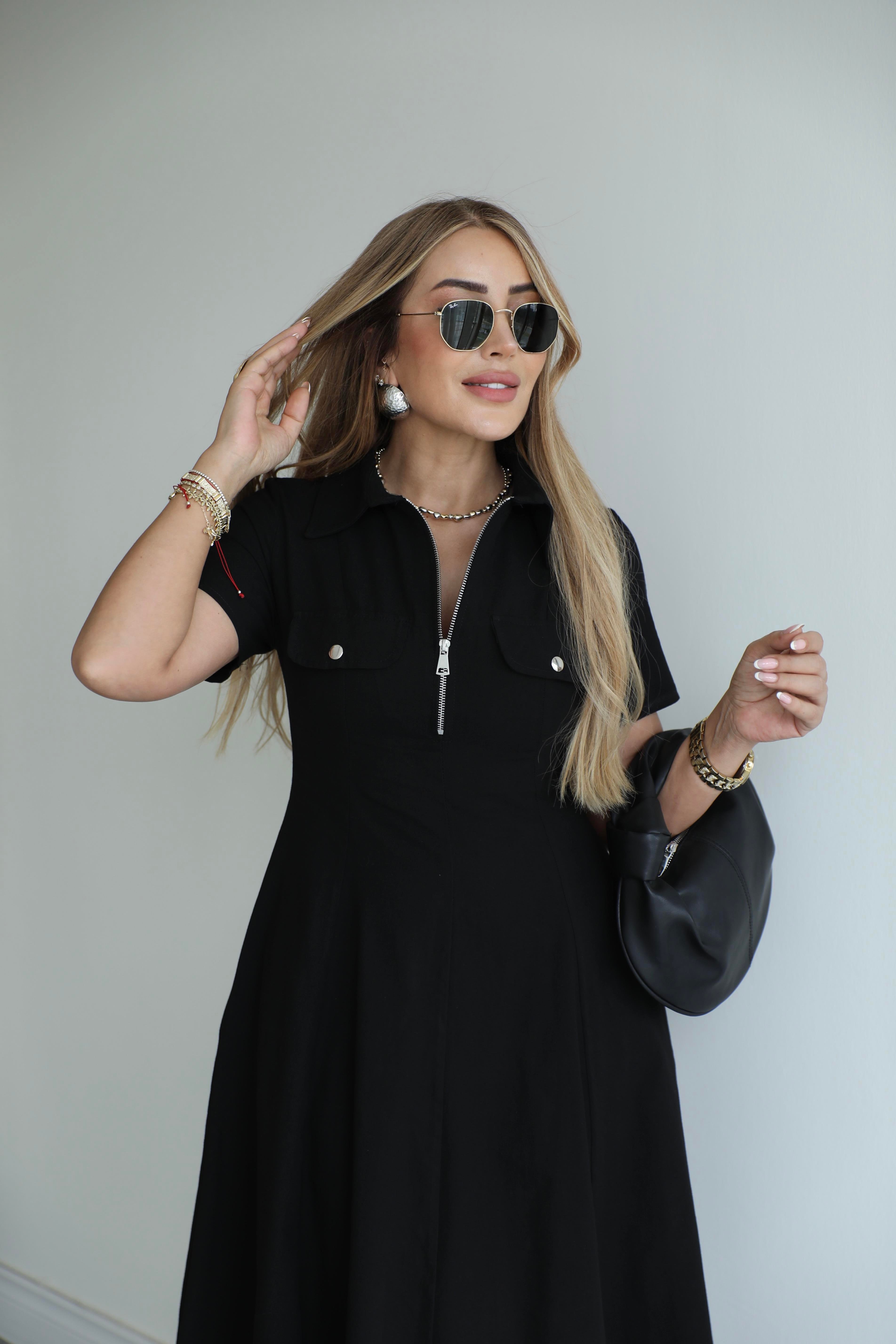 Siyah Fermuarlı Midi Poplin Elbise