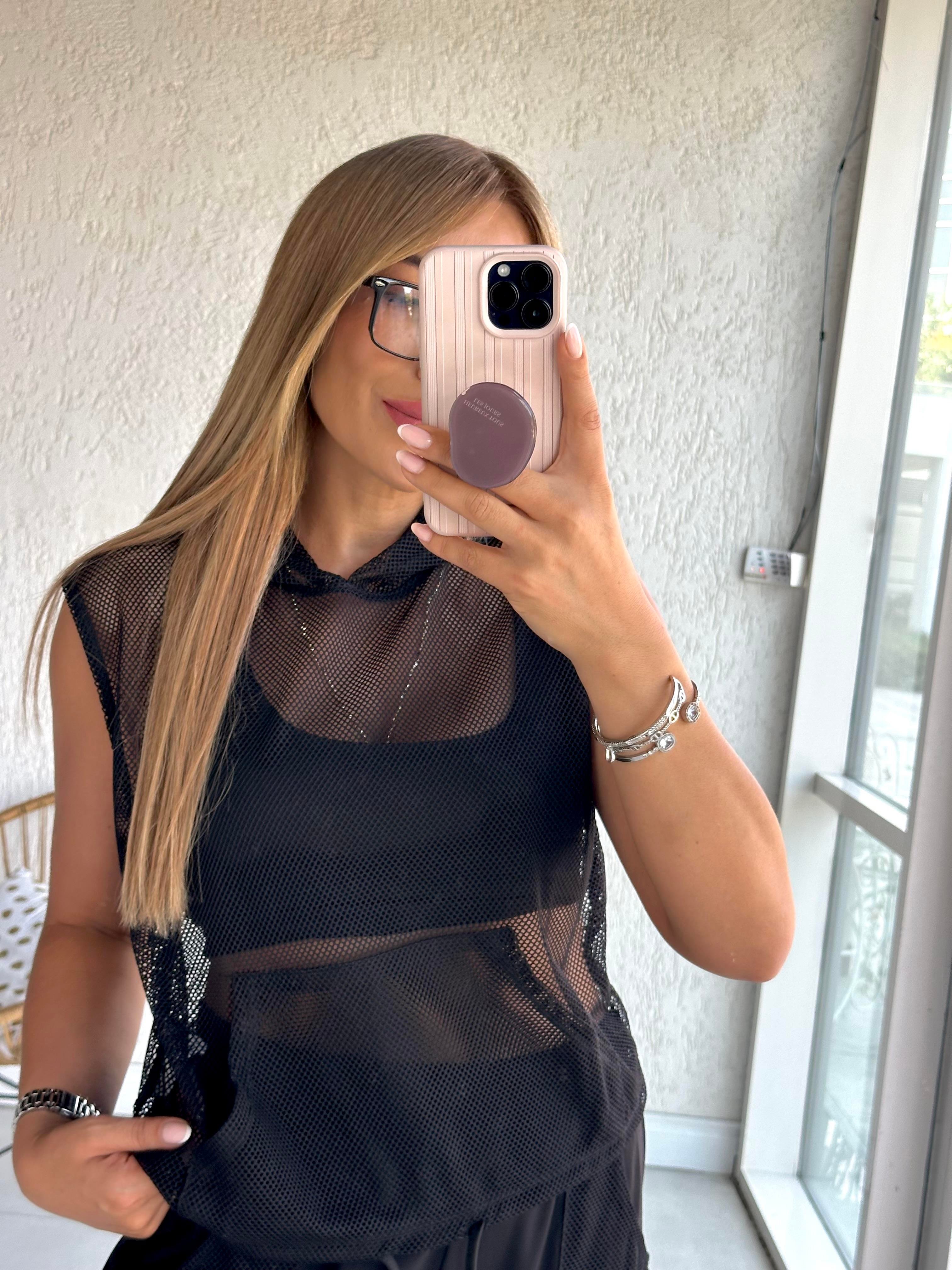 Siyah File Kapüşonlu Bluz