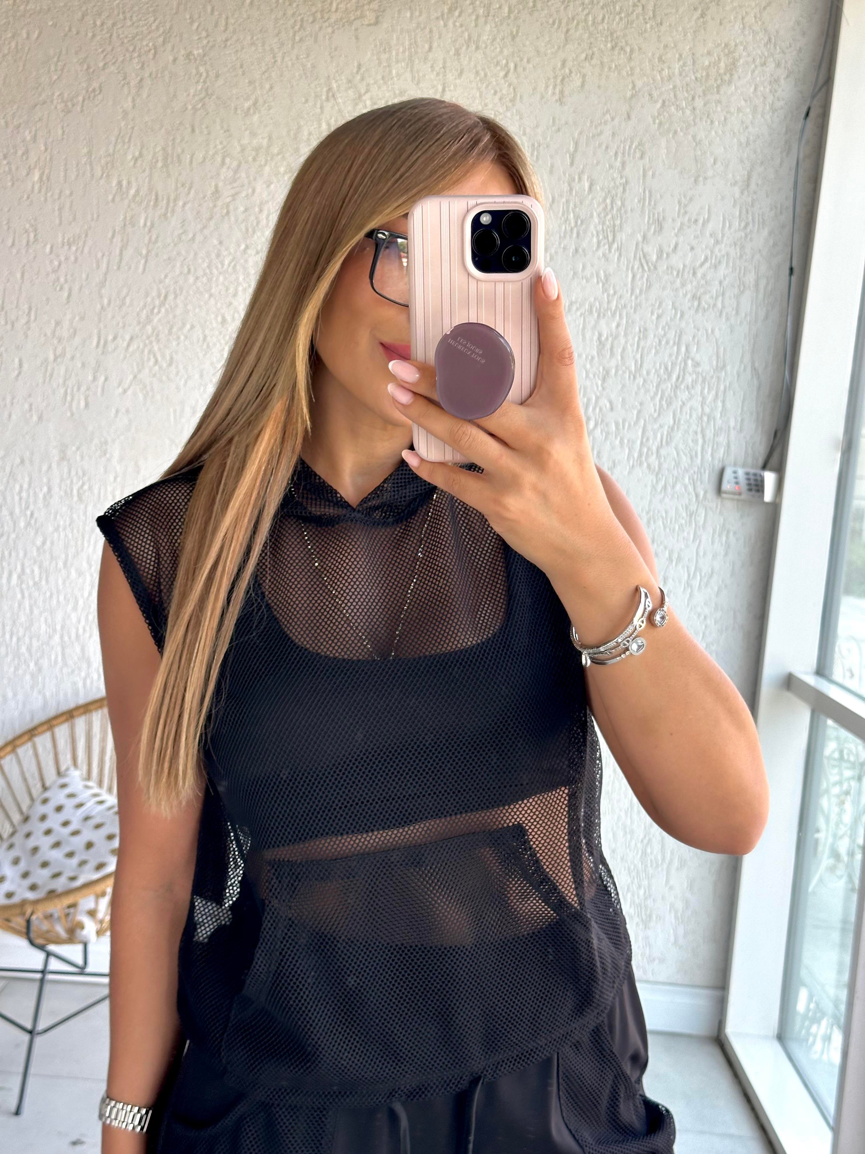 Siyah File Kapüşonlu Bluz