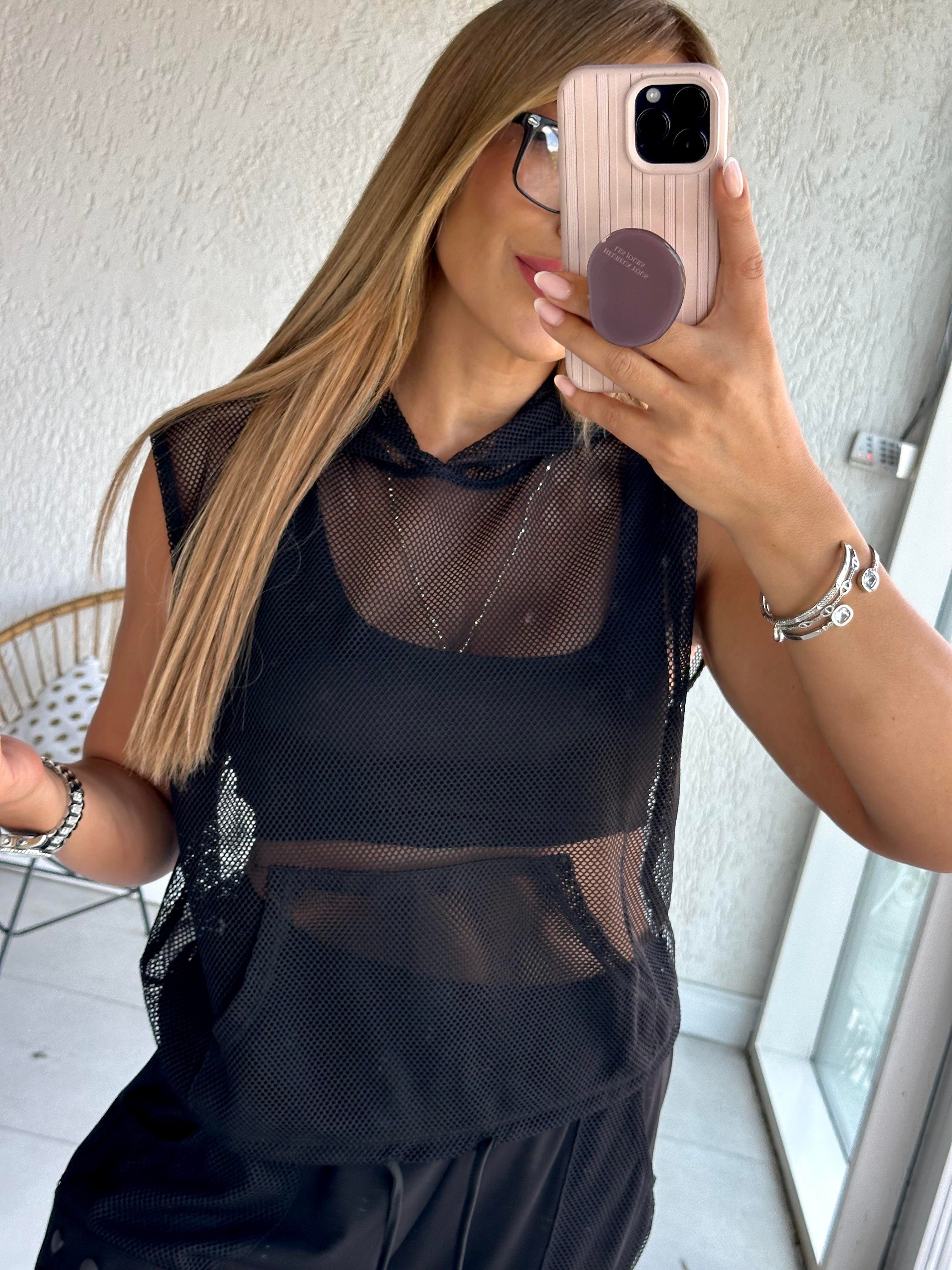 Siyah File Kapüşonlu Bluz