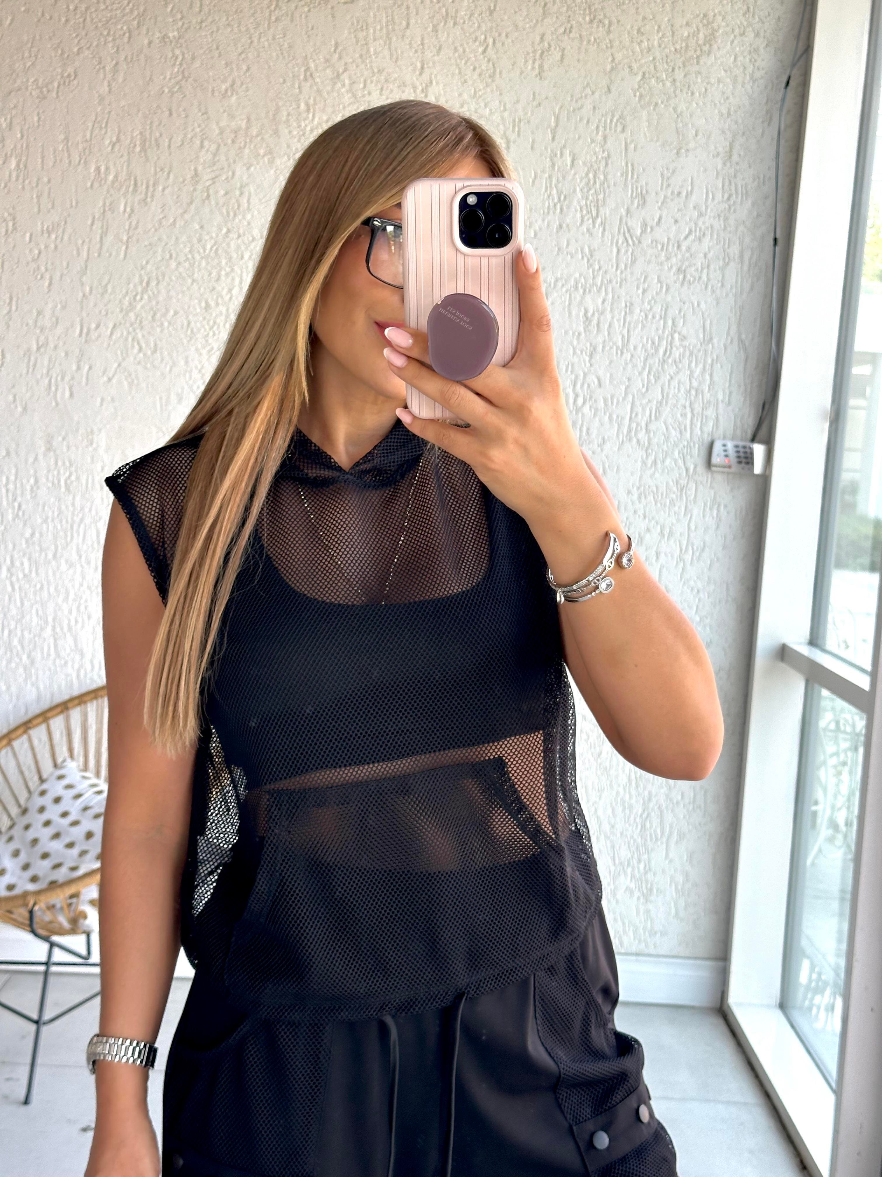 Siyah File Kapüşonlu Bluz