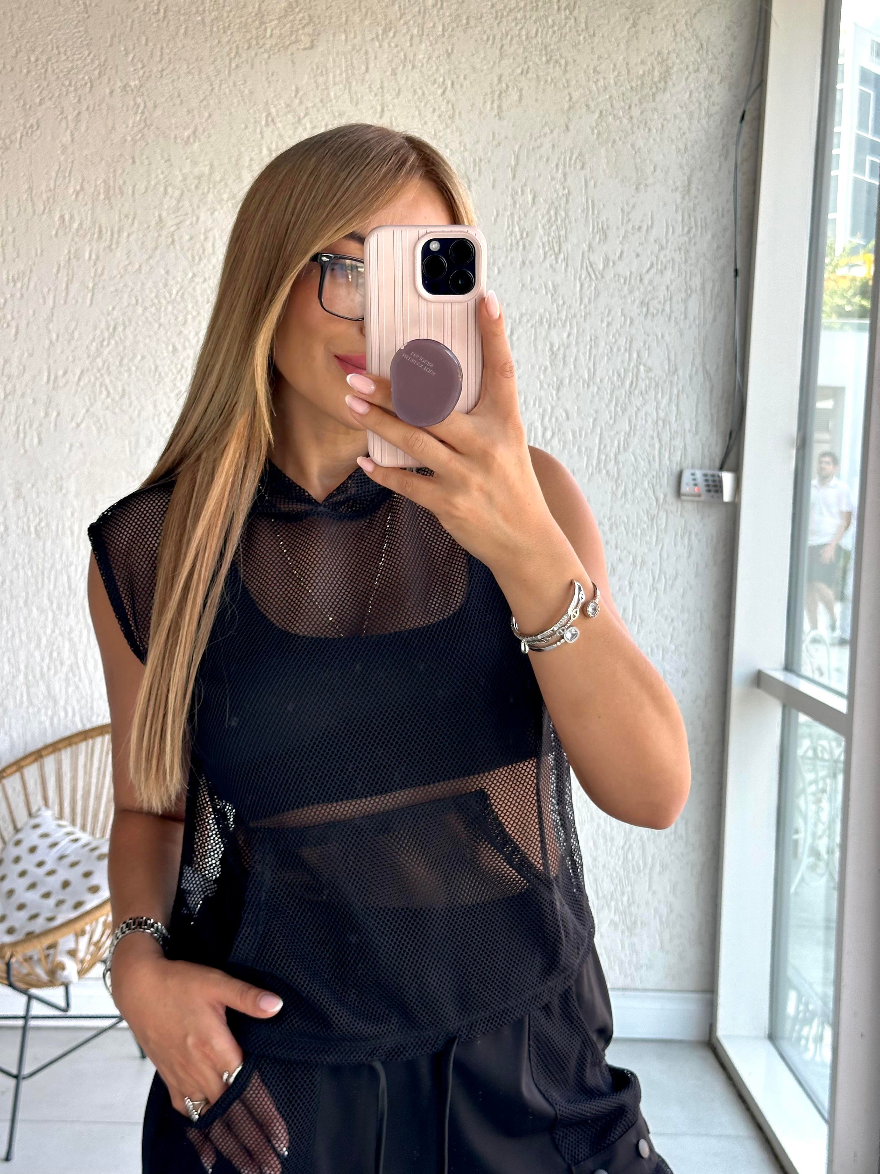 Siyah File Kapüşonlu Bluz