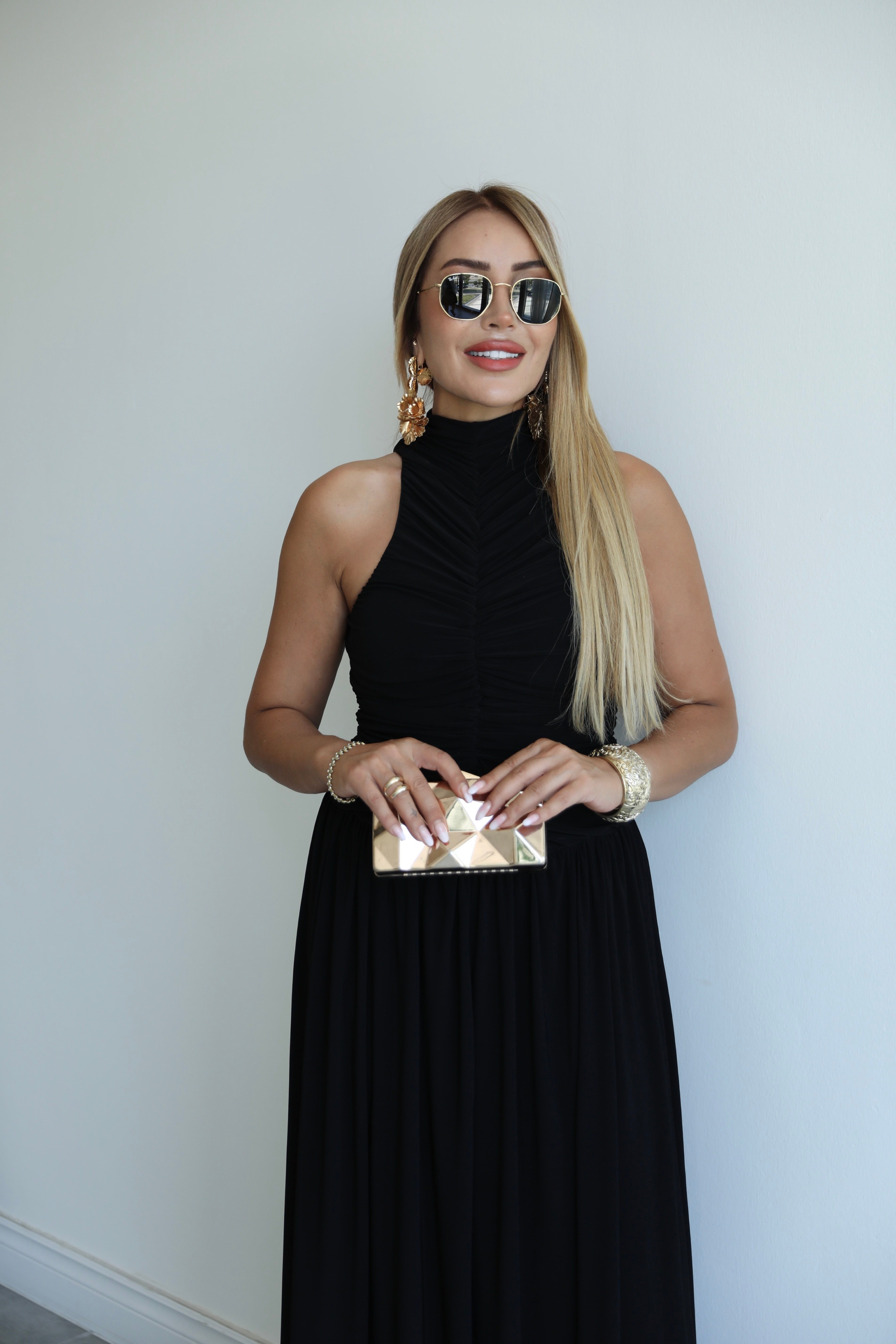 Siyah Hellen Drapeli Maxi Elbise 