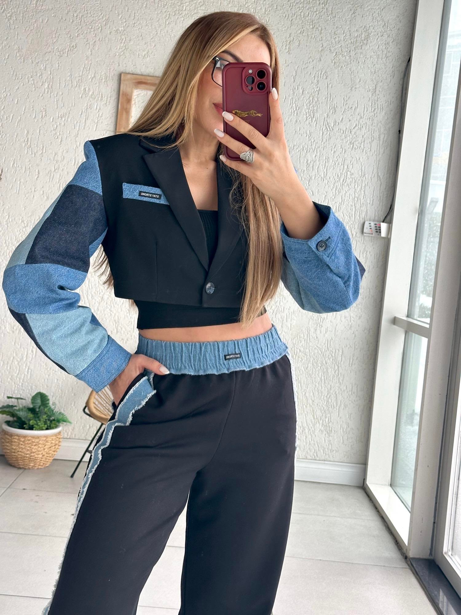 Siyah Jean Detaylı Premium Ceket
