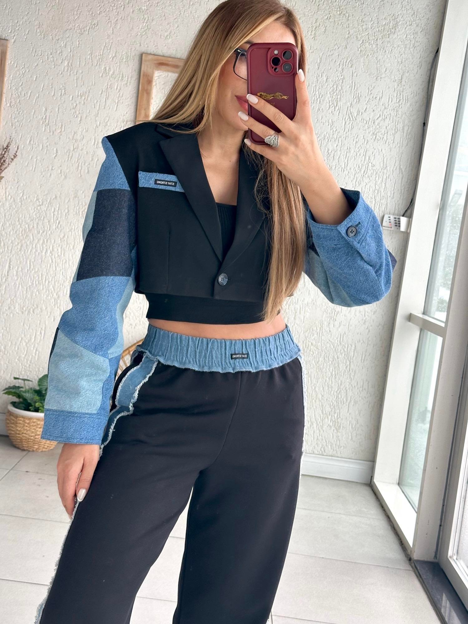 Siyah Jean Detaylı Premium Ceket