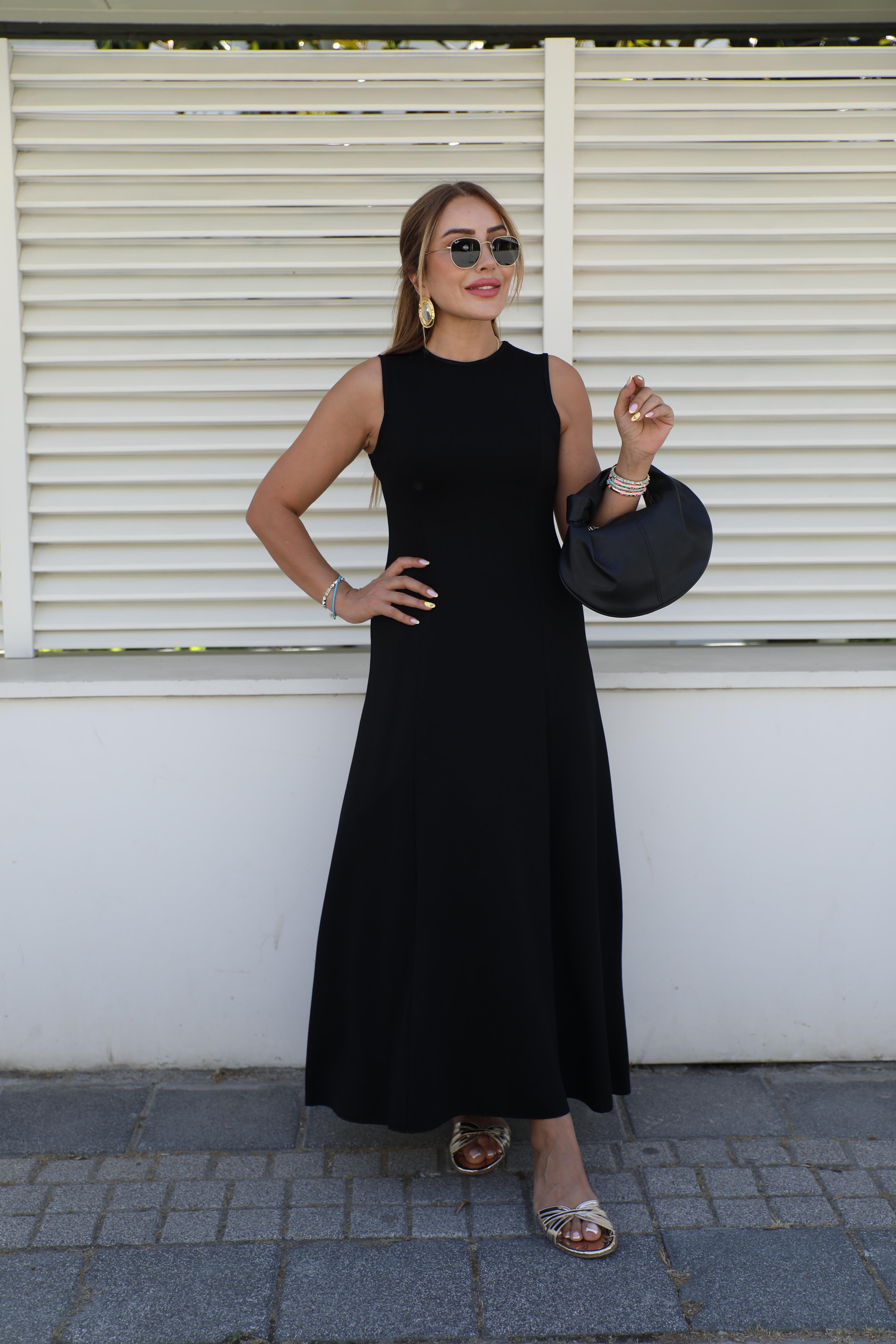 Siyah Kalın Askılı Modal Maxi Elbise 