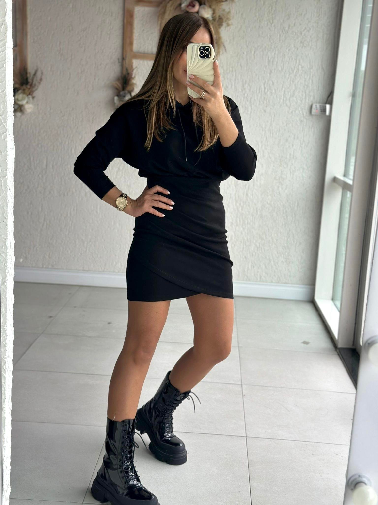 Siyah Kapişonlu Sweat Elbise