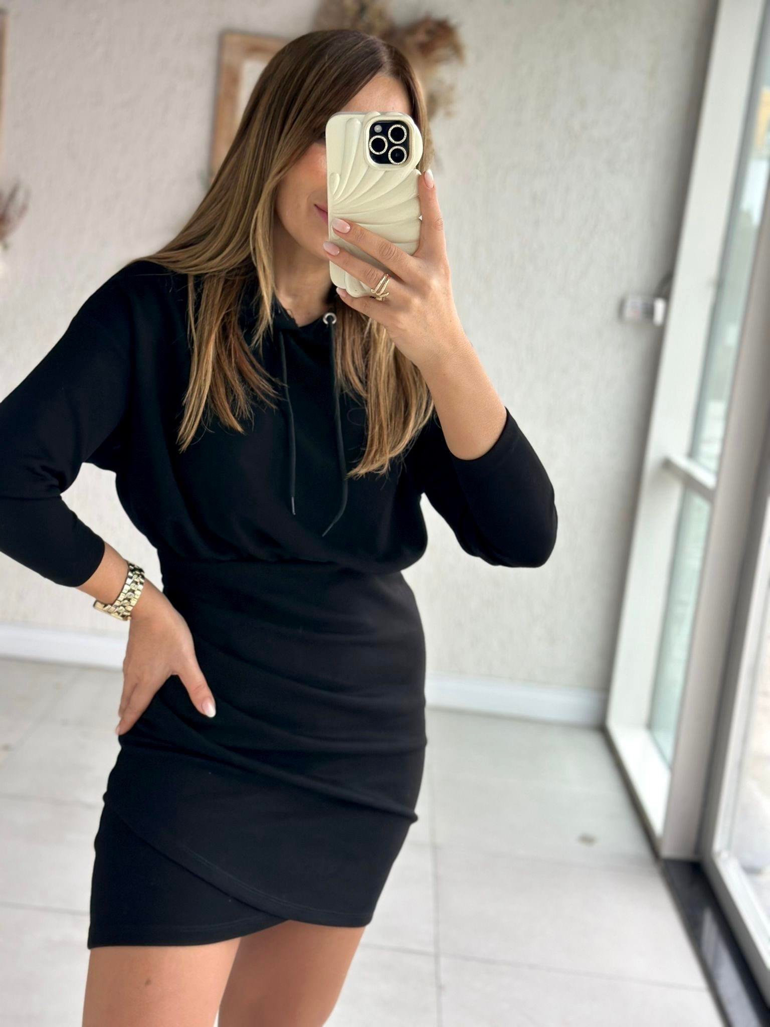 Siyah Kapişonlu Sweat Elbise