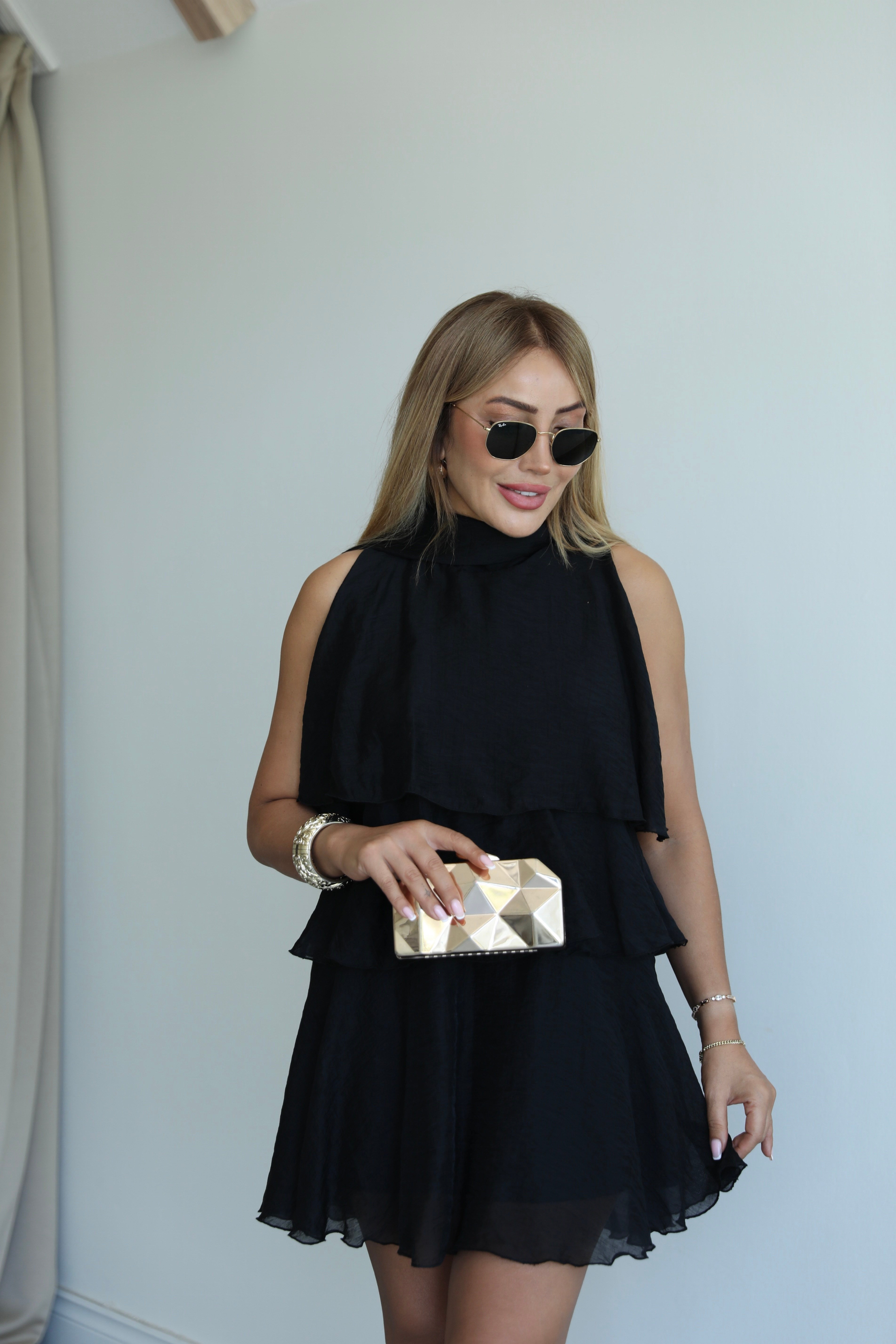 Siyah Katlı Mini Elbise 