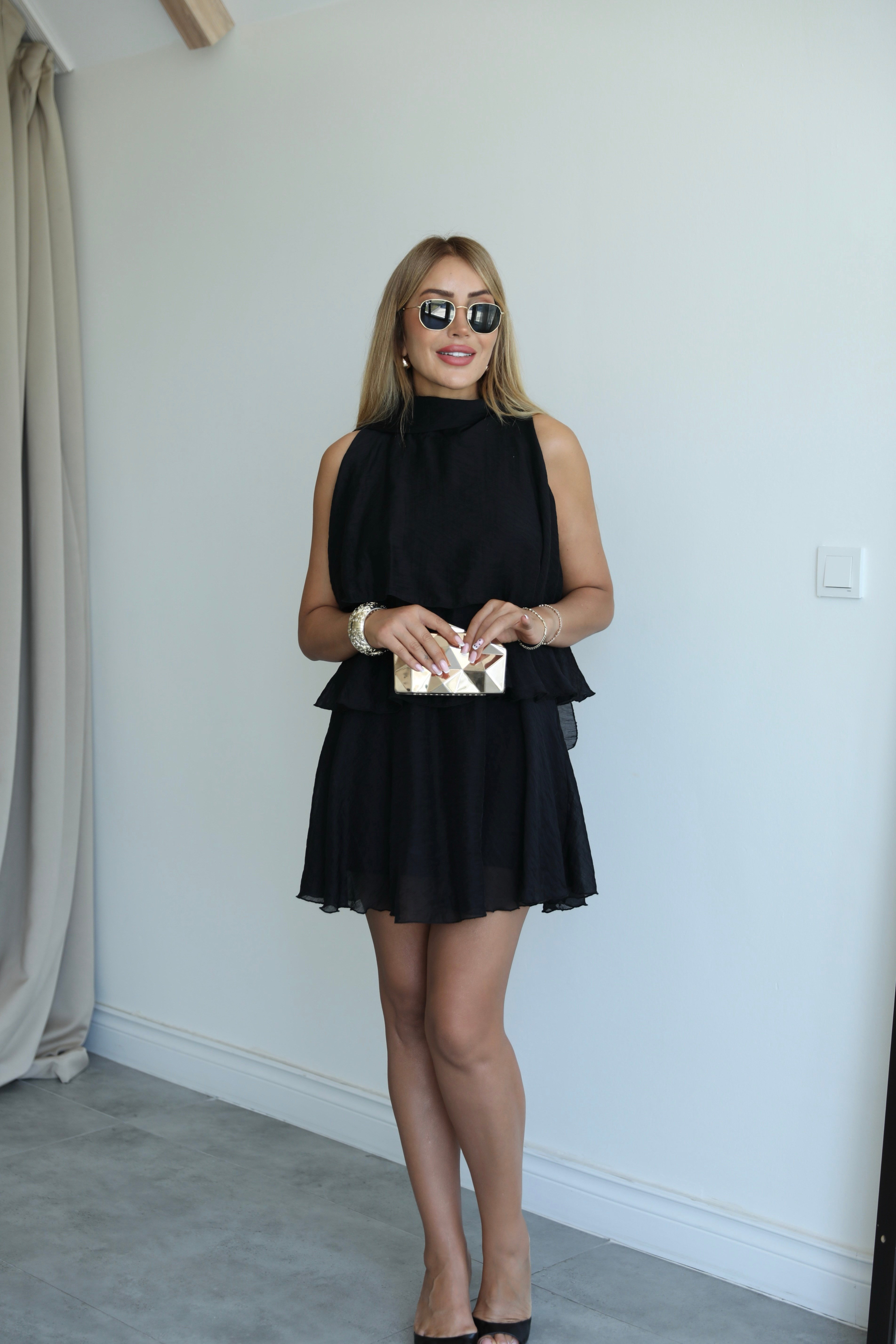 Siyah Katlı Mini Elbise 