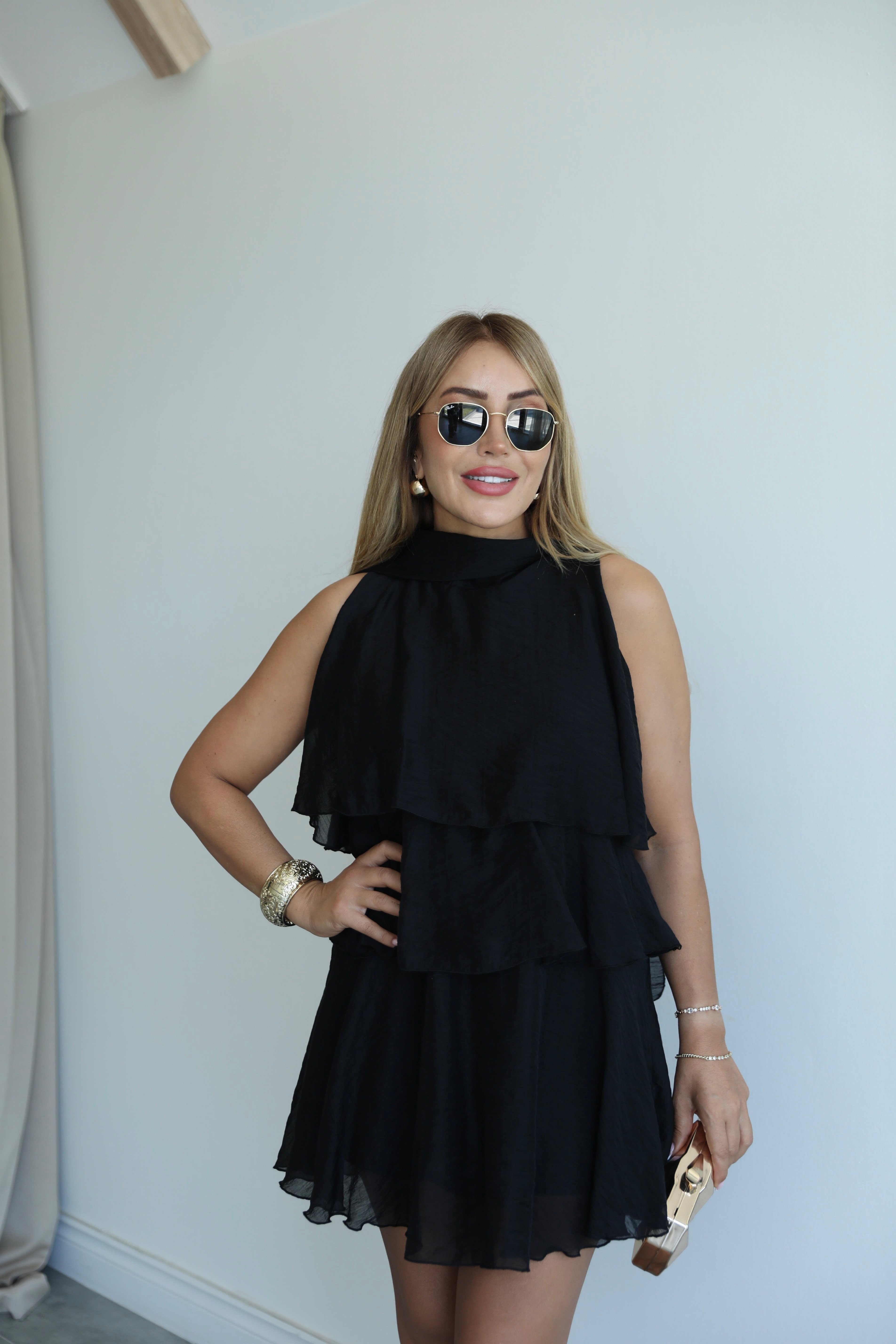 Siyah Katlı Mini Elbise 