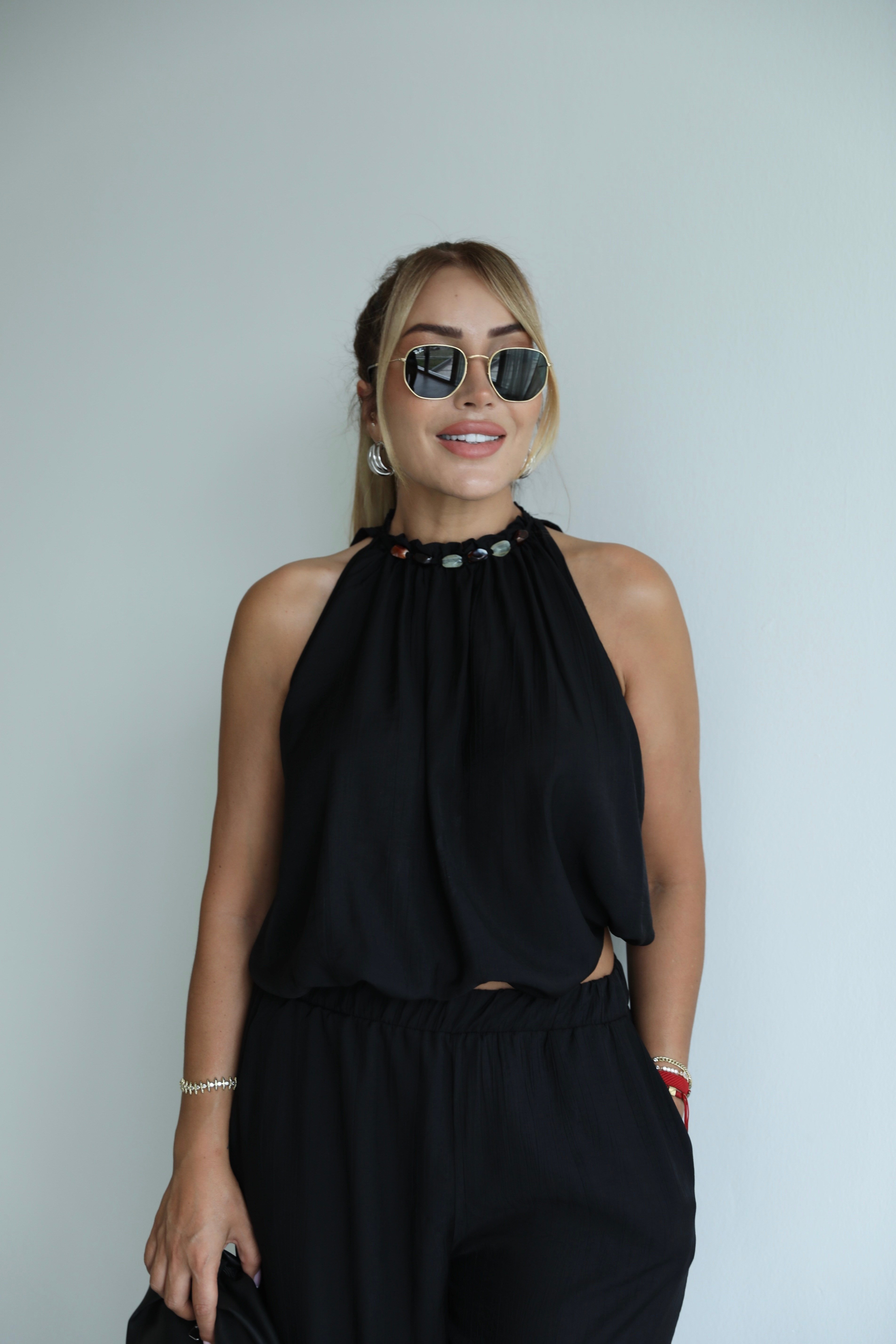 Siyah Keten Halter Şalvar Bluz Takım 