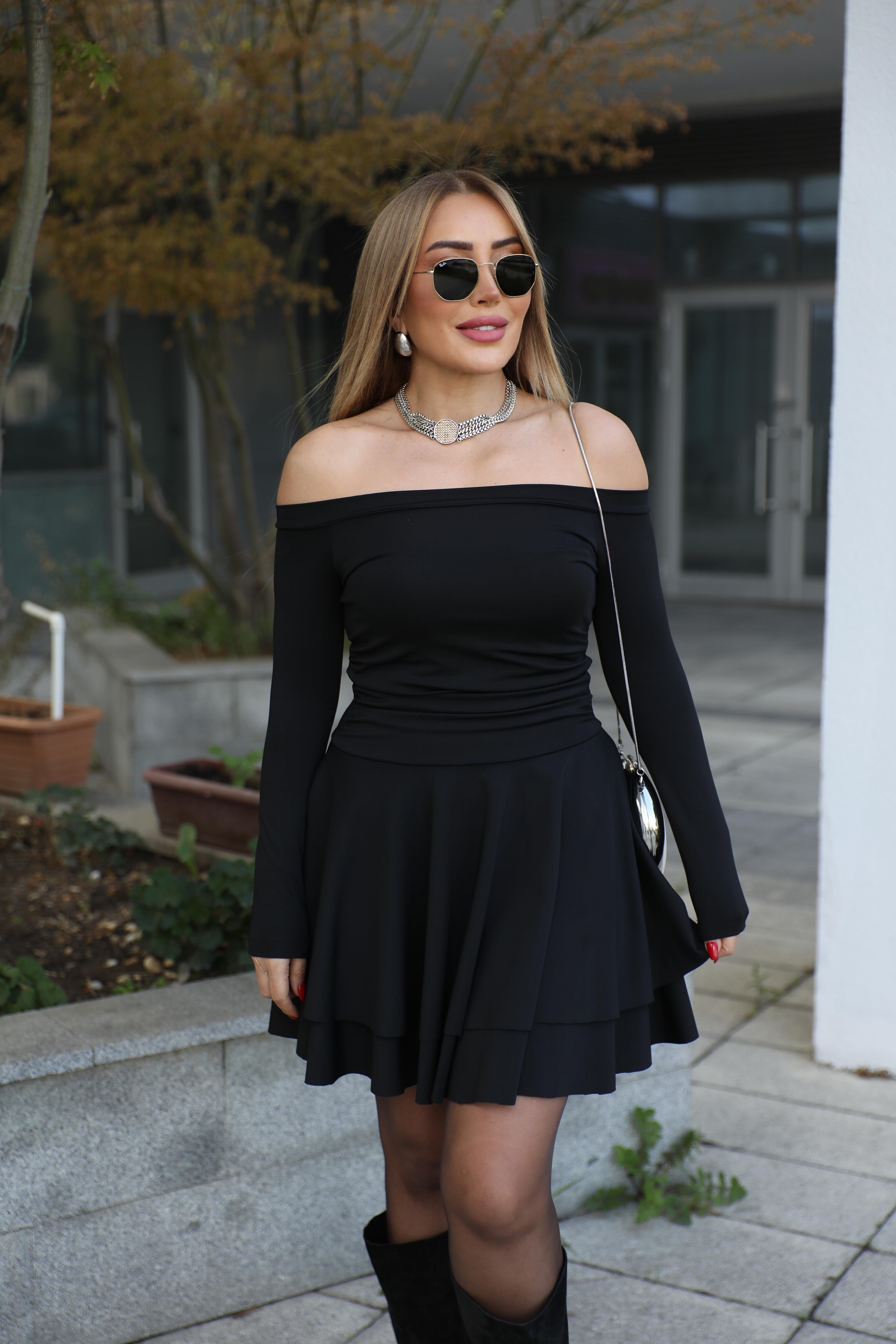 Siyah Madonna Katlı Elbise 