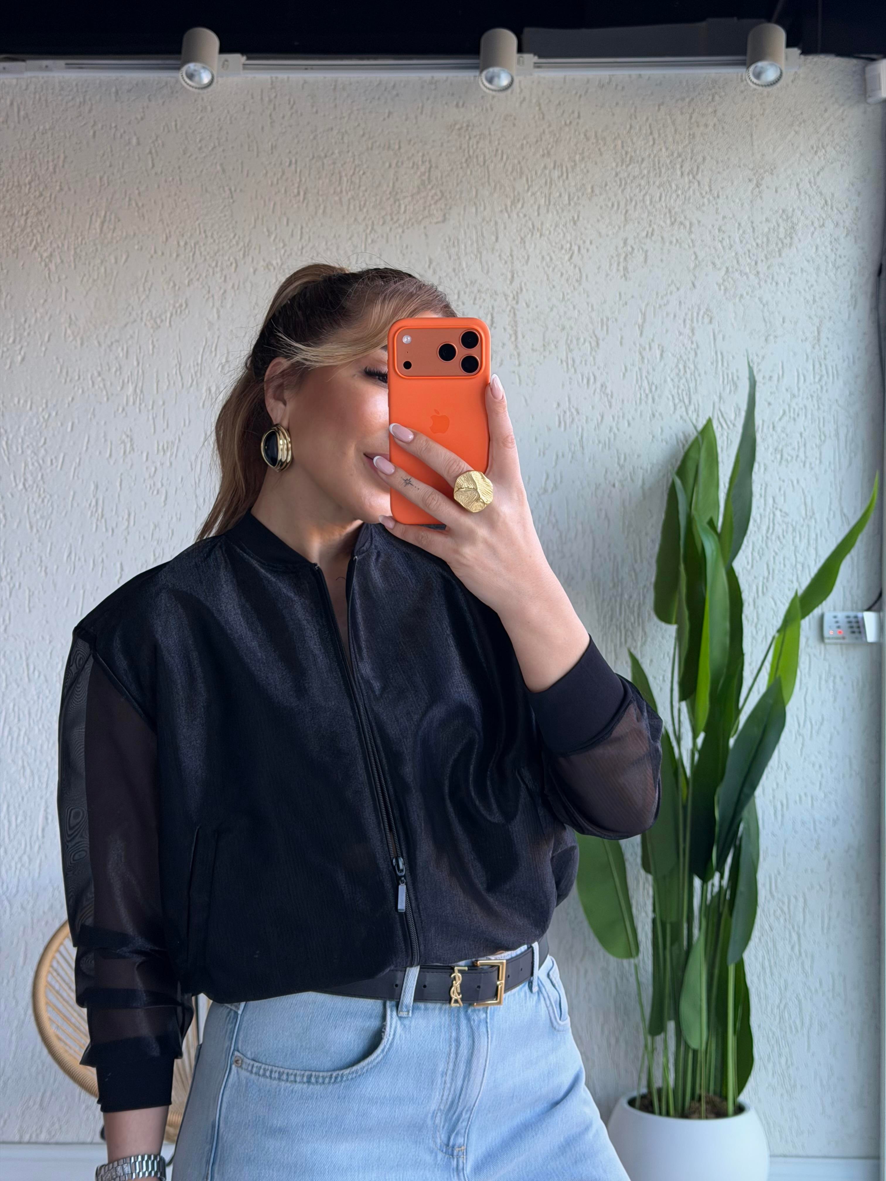 Siyah Organze Bomber Ceket