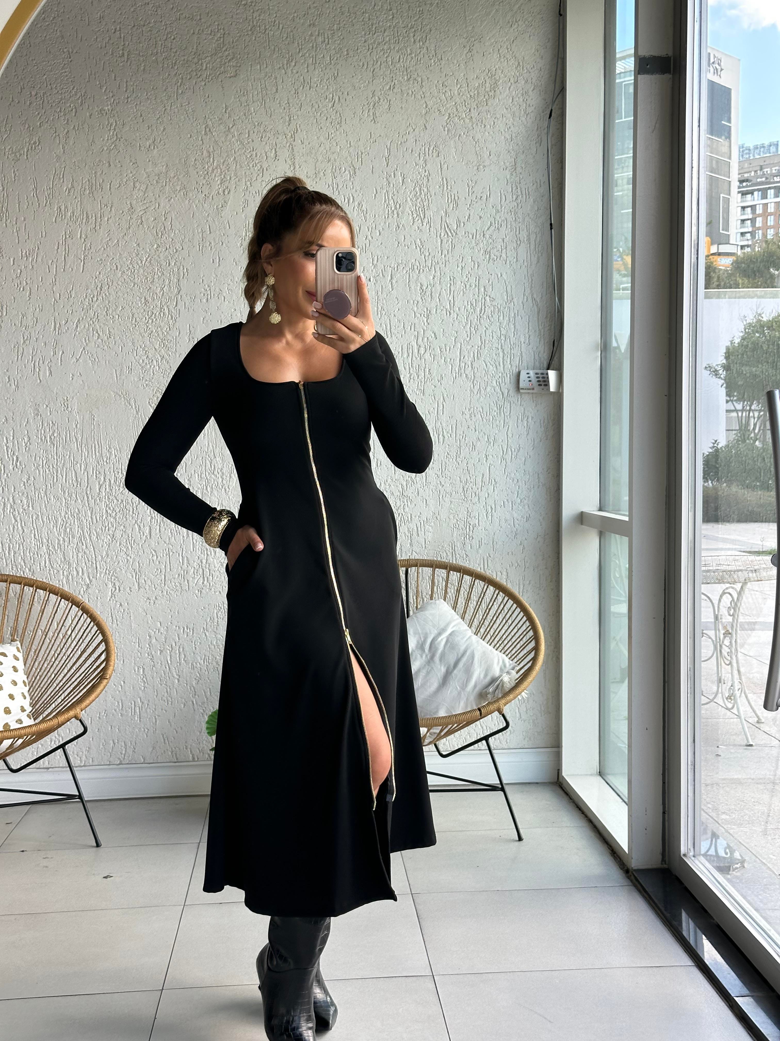 Siyah Ottoman Fermuarlı Elbise