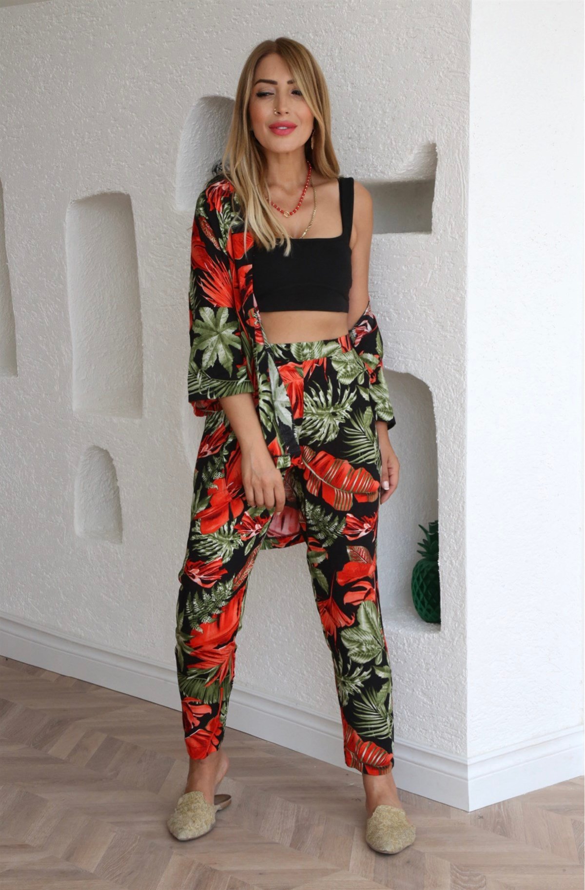 Siyah Palmiye Desenli Kimono