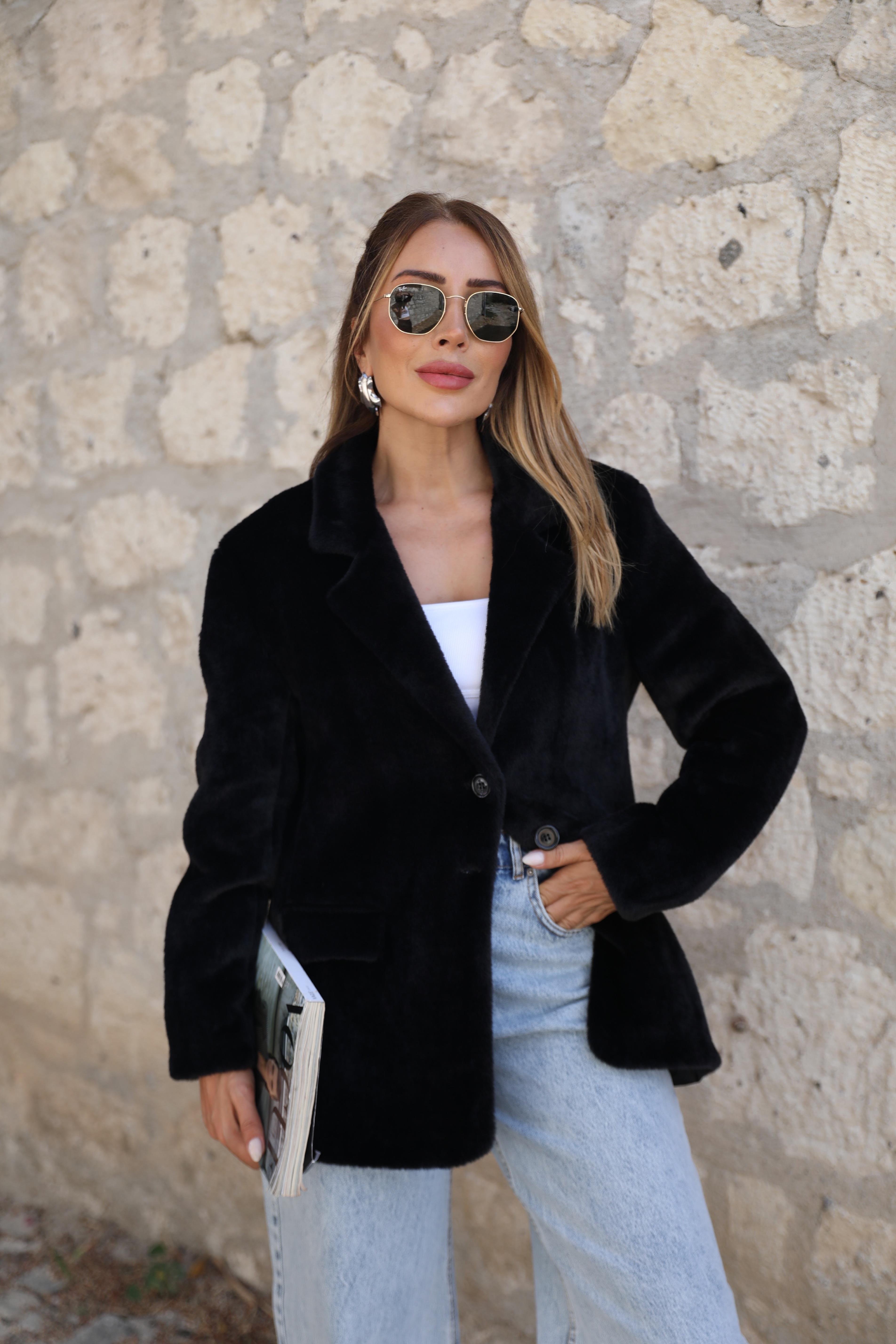 Siyah Peluş Blazer Ceket