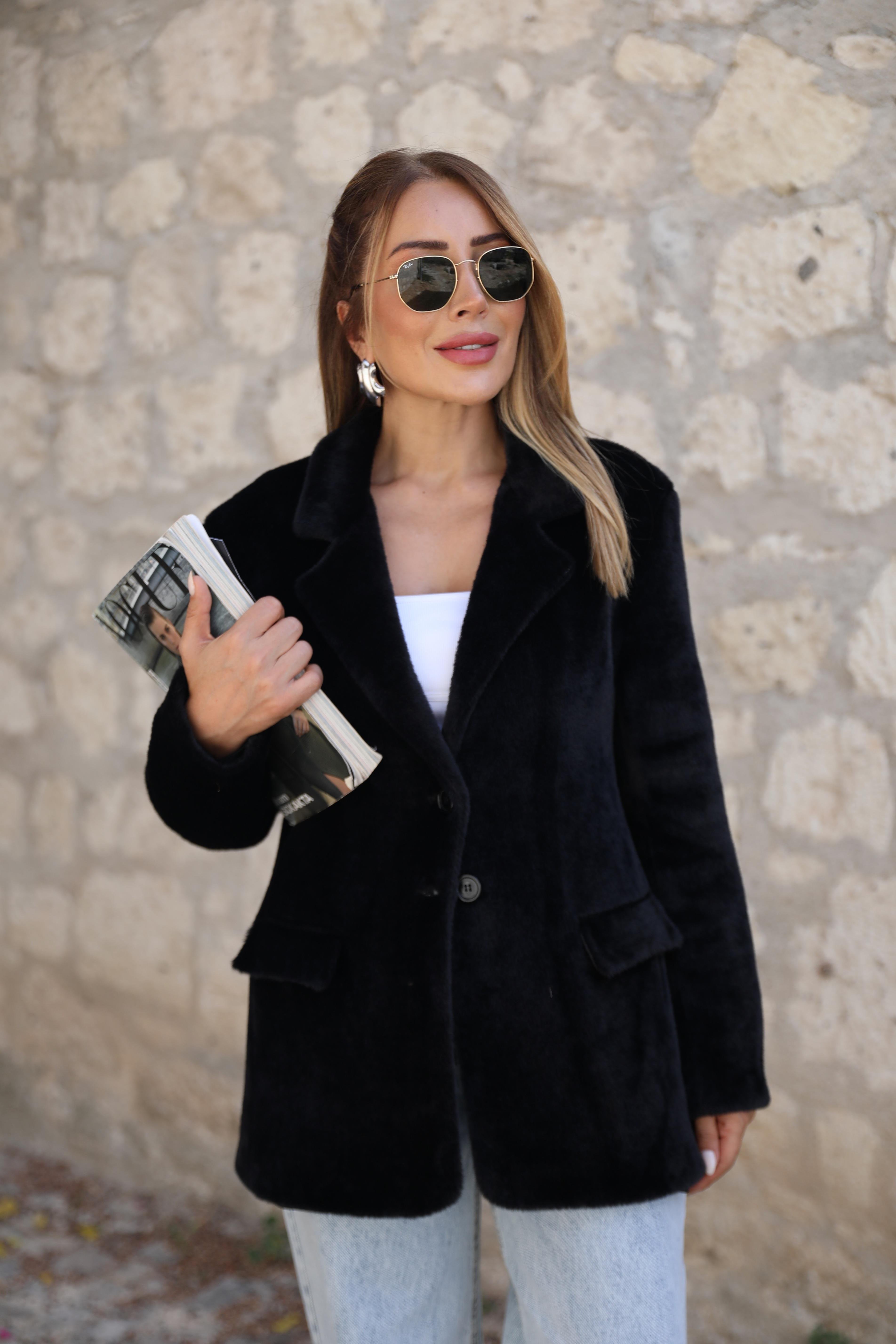 Siyah Peluş Blazer Ceket