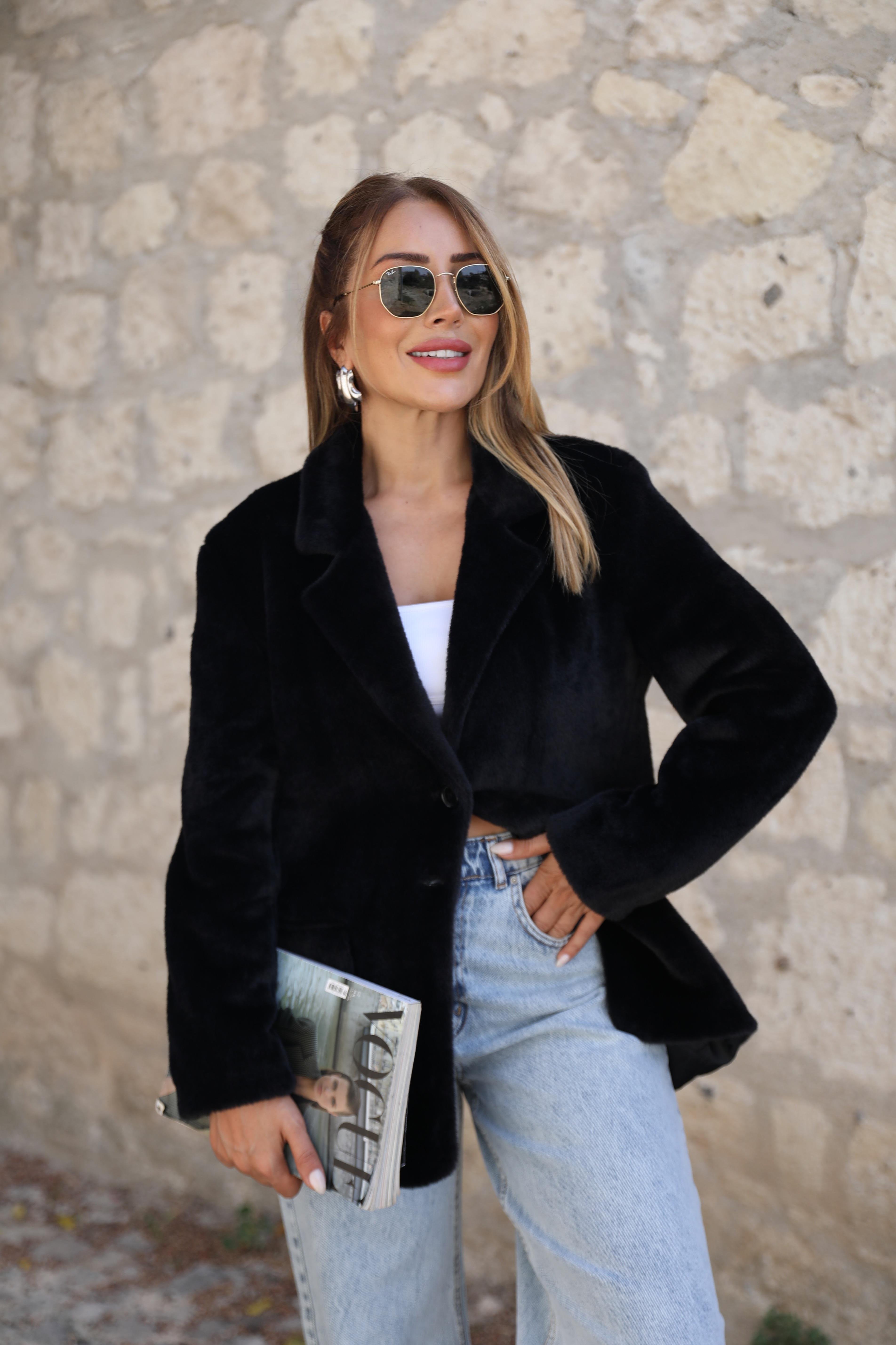 Siyah Peluş Blazer Ceket