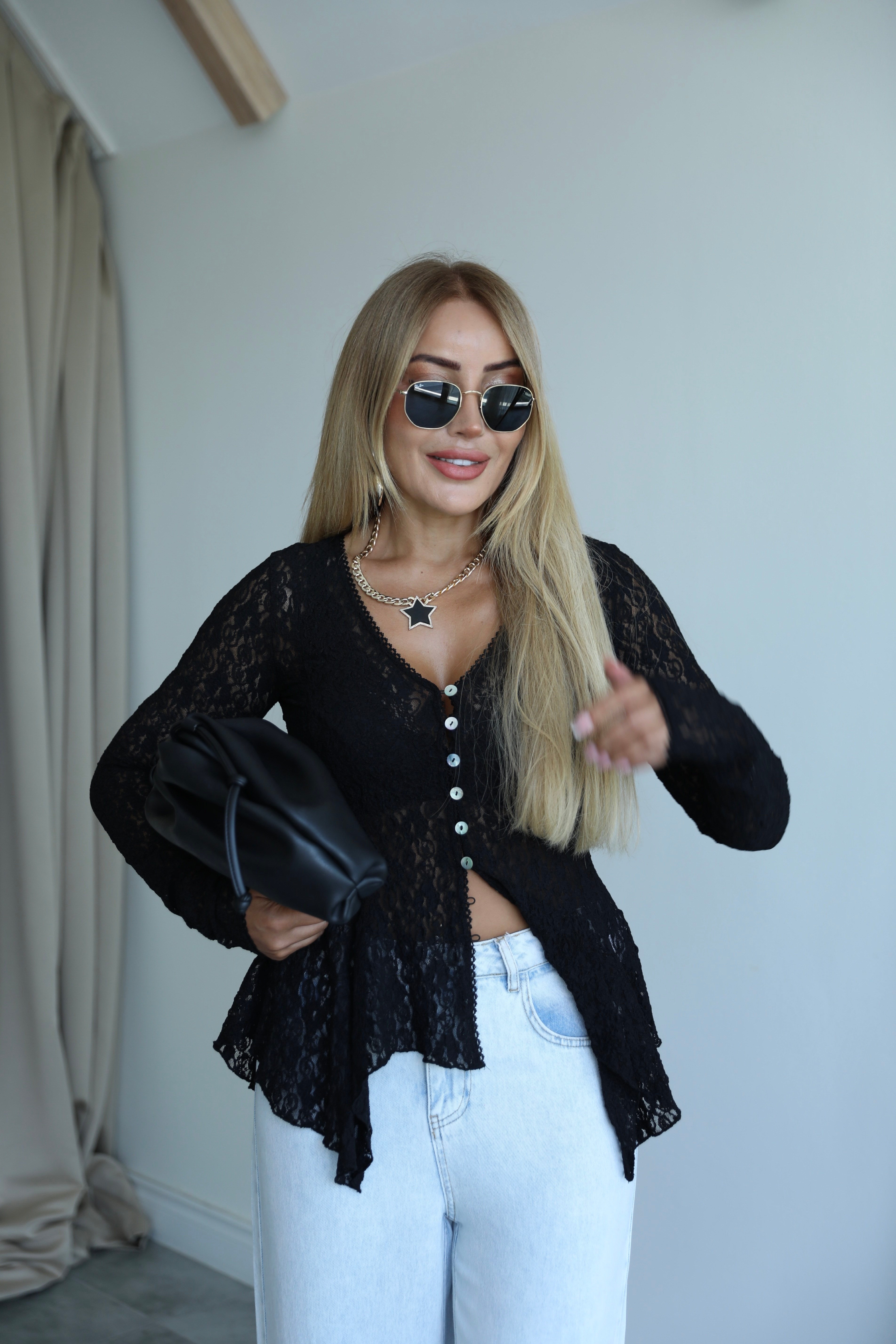 Siyah Peplum Dantel Hırka Bluz