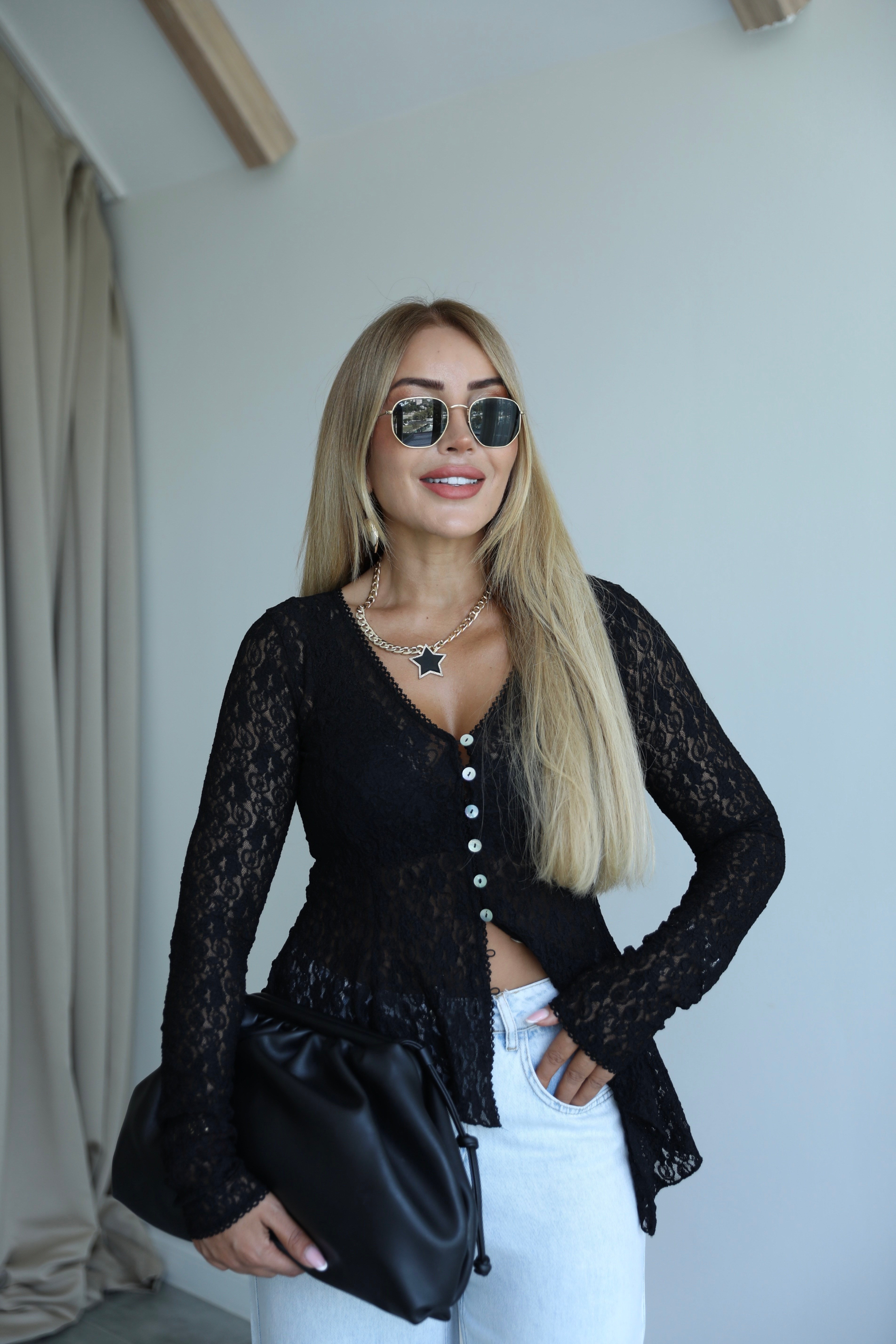 Siyah Peplum Dantel Hırka Bluz